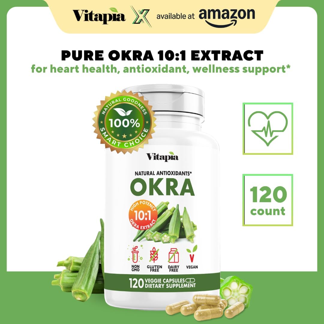 Vitapia Okra Extract - Heart Health, Antioxidant, Gut & Digestion, Wellness Support - 10:1 Ratio & 120 Veggie Capsules - Non-GMO, Gluten-Free, Vegan Supplement - PrimeBioHealth - canada supplements
