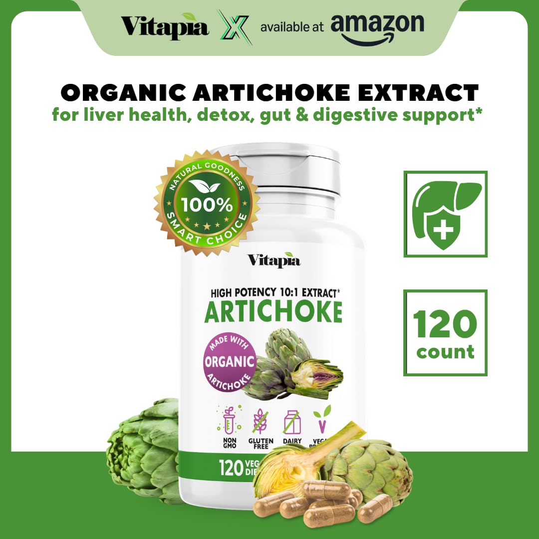 Vitapia Organic Artichoke Extract Supplement - Liver Cleanse Detox & Repair, Liver Health, Digestion, Antioxidant Support - 120 Vegan Capsules, Non GMO, Gluten Free - PrimeBioHealth - canada supplements