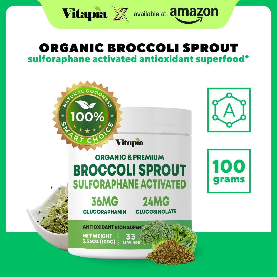 Vitapia Organic Broccoli Sprout Powder for Sulforaphane, Antioxidant, Brain, Skin, Heart Health Support - 100g Powder Supplement & 33 Day Supply - Non-GMO, Gluten-Free, Vegan-Friendly - PrimeBioHealth - canada supplements