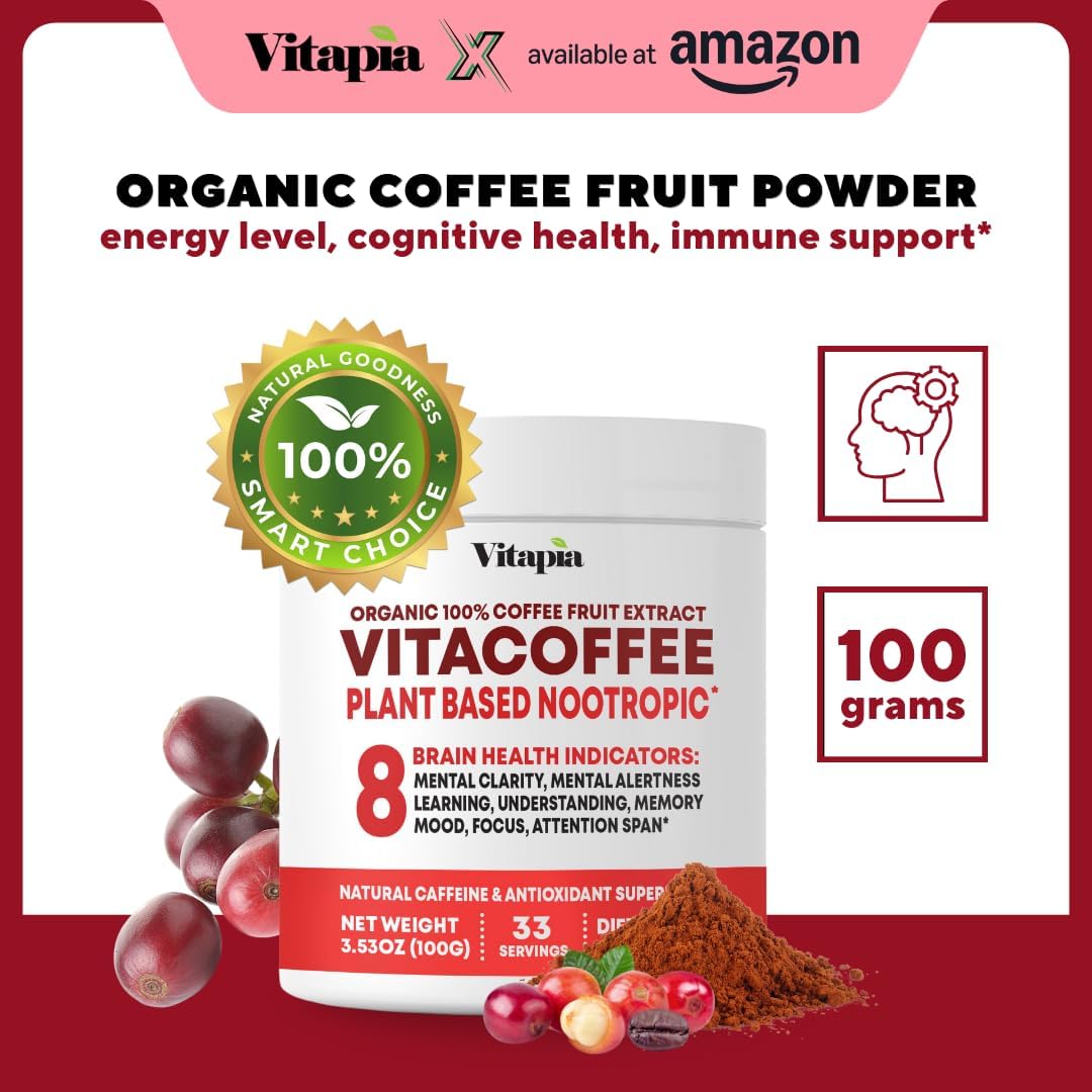 Vitapia Vitacoffee Caffeine Coffee Fruit Powder for Energy, Memory, Focus, Antioxidant, Metabolism, Skin Health Support - 100g & 33 Day Supply - Non-GMO, Gluten-Free, Vegan Supplement - PrimeBioHealth - canada supplements