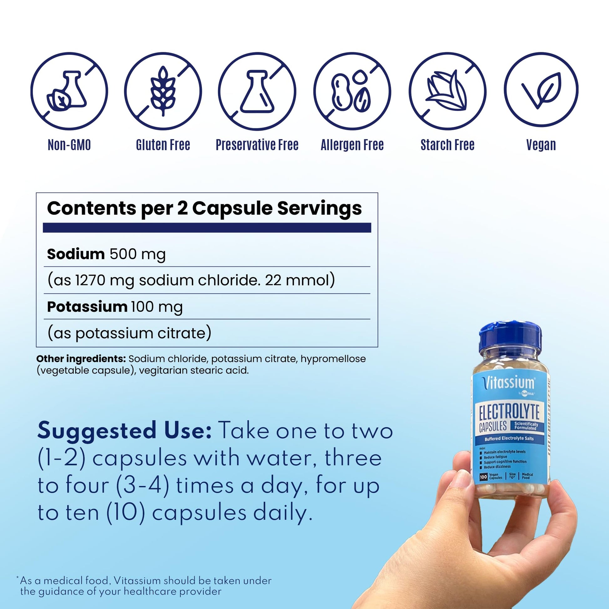 Vitassium Electrolyte Capsules, Electrolytes for The Management of POTS and High Sodium Diets (500mg Sodium - 100mg Potassium) - PrimeBioHealth - canada supplements