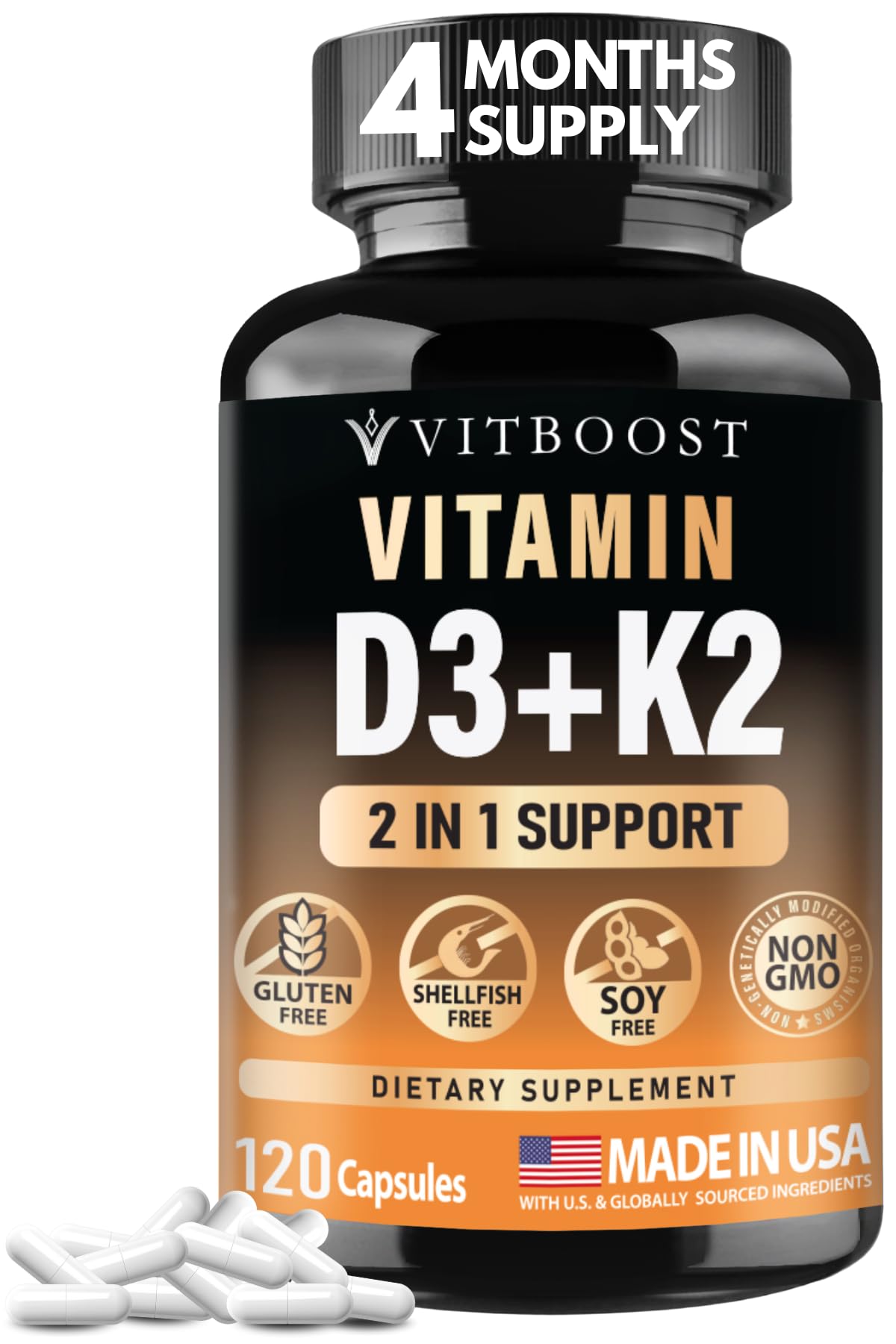 VITBOOST Vitamin D3 K2 Complex - Easy to Swallow - Vitamin D (D3) 5000 IU (125 mcg) & K2(MK-7) 90 mcg | Non-GMO | Gluten-Free - PrimeBioHealth - canada supplements