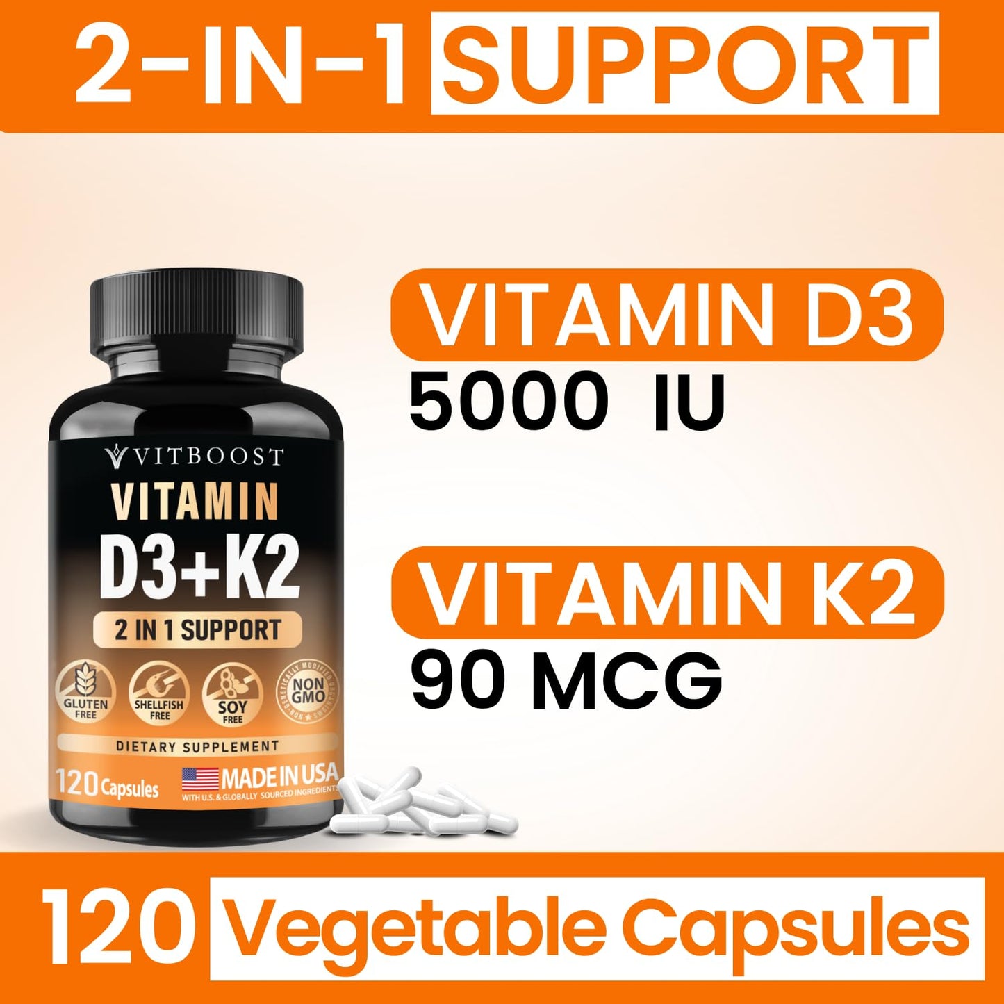 VITBOOST Vitamin D3 K2 Complex - Easy to Swallow - Vitamin D (D3) 5000 IU (125 mcg) & K2(MK-7) 90 mcg | Non-GMO | Gluten-Free - PrimeBioHealth - canada supplements