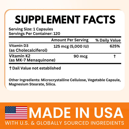 VITBOOST Vitamin D3 K2 Complex - Easy to Swallow - Vitamin D (D3) 5000 IU (125 mcg) & K2(MK-7) 90 mcg | Non-GMO | Gluten-Free - PrimeBioHealth - canada supplements