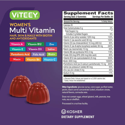 Viteey Womens Multivitamin Gummies - Immune Support - 12 in 1 Essential Vitamins & Minerals - Vitamin A, C, D3, E, B6, B12, Folic Acid, Biotin, Calcium - PrimeBioHealth - canada supplements