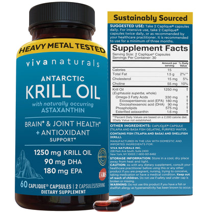 Viva Naturals Antarctic Krill Oil Omega 3 Supplements 1250 mg - DHA EPA Omega-3 & Astaxanthin Concentration for Joint Health, - PrimeBioHealth - canada supplements