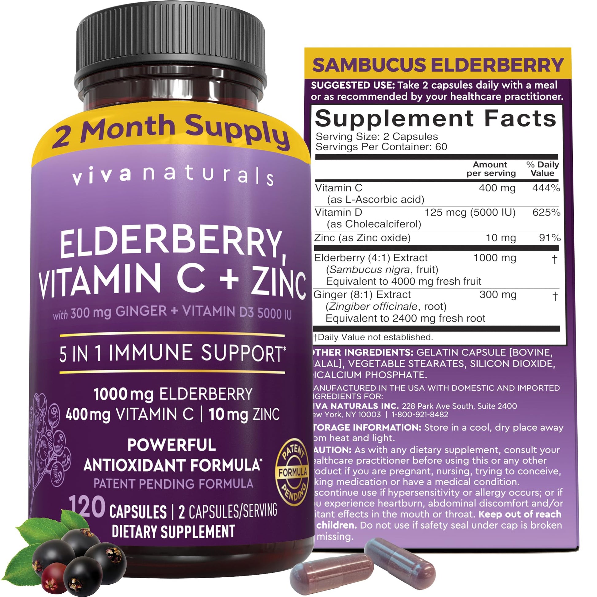 Viva Naturals Elderberry with Vitamin C and Zinc for Adults - 5 in 1 Sambucus Black Elderberry Capsules with Vitamin D3 5000 IU Immunity Supplement - PrimeBioHealth - canada supplements