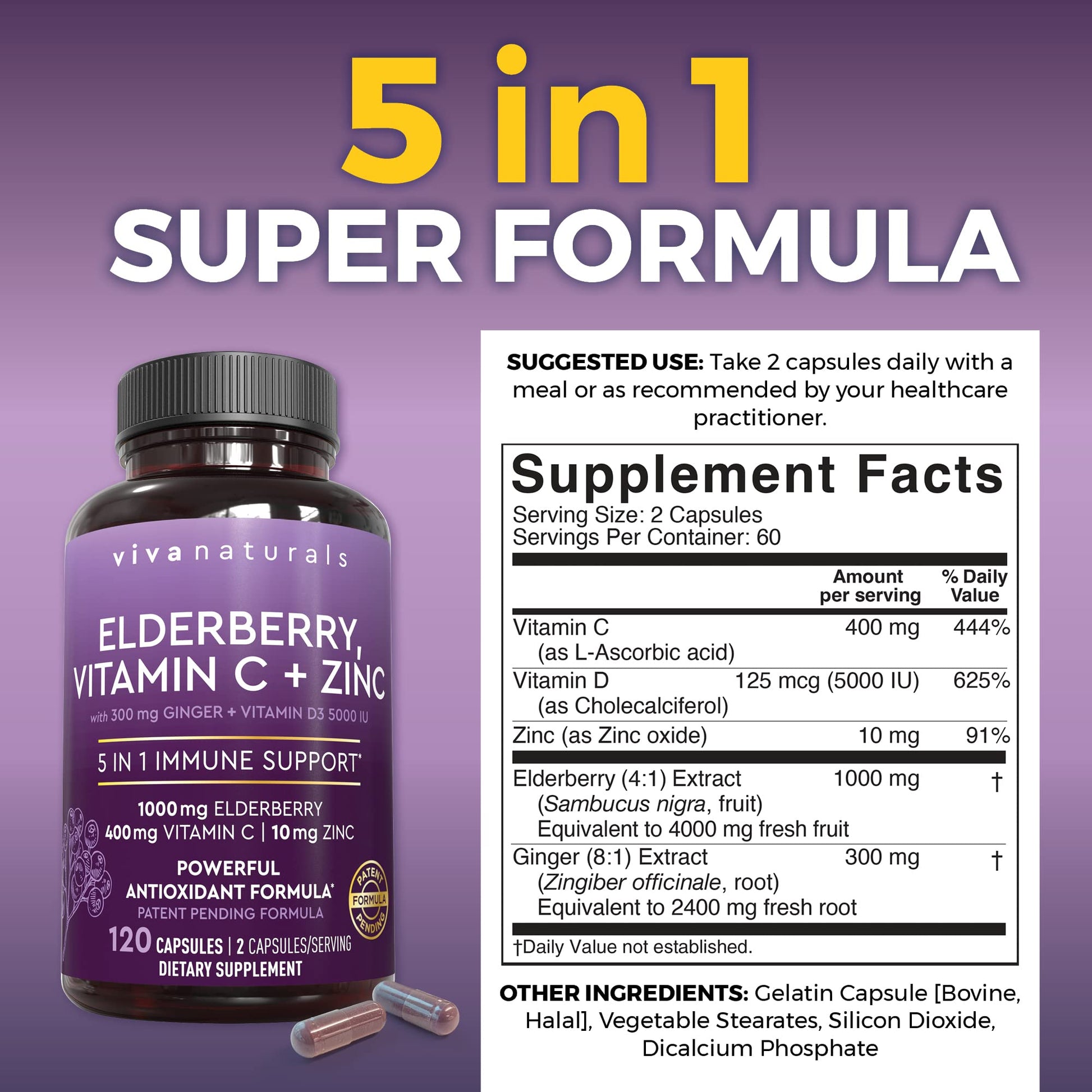 Viva Naturals Elderberry with Vitamin C and Zinc for Adults - 5 in 1 Sambucus Black Elderberry Capsules with Vitamin D3 5000 IU Immunity Supplement - PrimeBioHealth - canada supplements