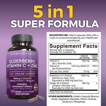 Viva Naturals Elderberry with Vitamin C and Zinc for Adults - 5 in 1 Sambucus Black Elderberry Capsules with Vitamin D3 5000 IU Immunity Supplement - PrimeBioHealth - canada supplements