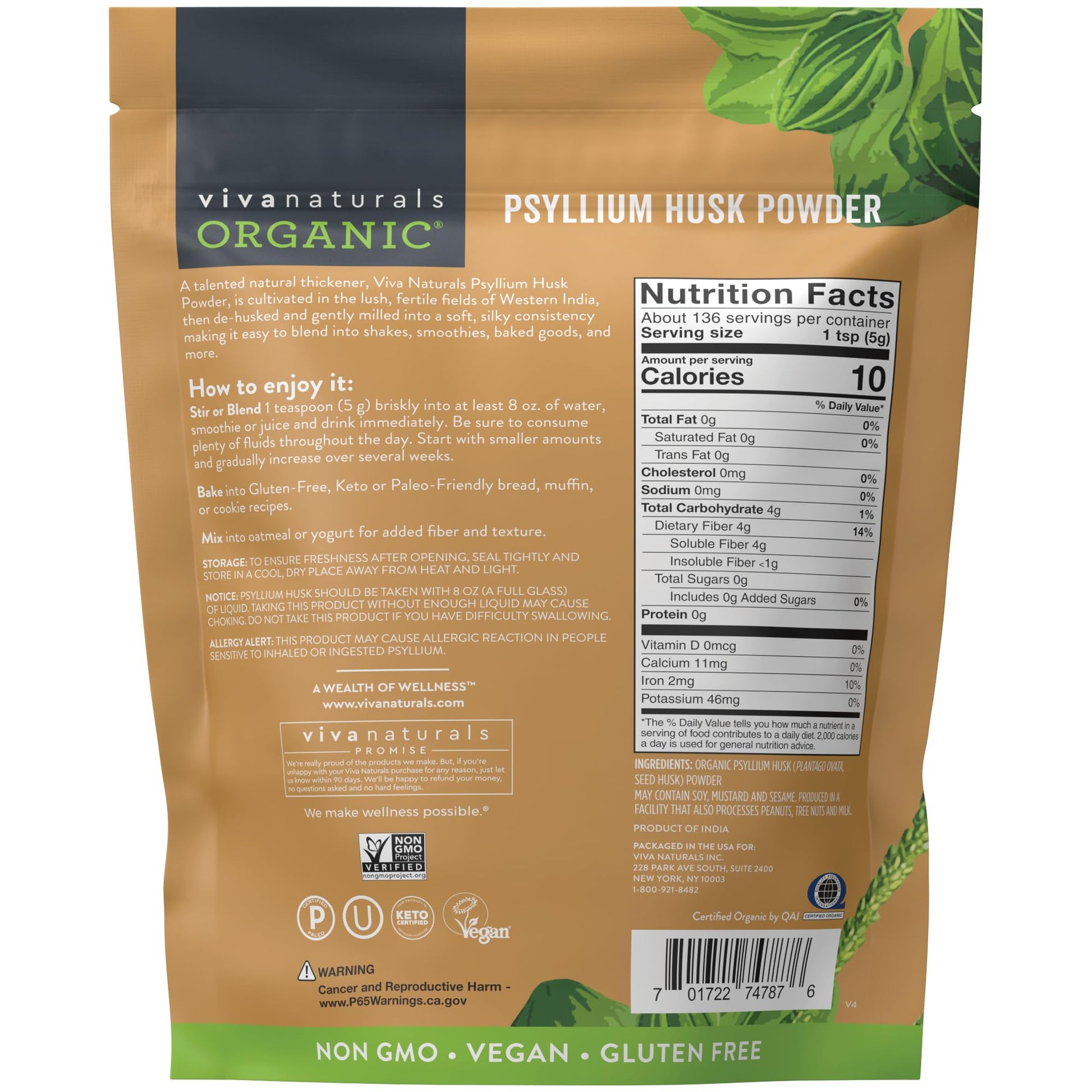 Viva Naturals Organic Psyllium Husk Powder, 24 oz – Finely Ground, Unflavored, Vegan, Keto, Paleo, Non-GMO Plant-Based Superfood, Good Source of Fiber for Gluten-Free Baking, Juices & Smoothies - PrimeBioHealth - canada supplements