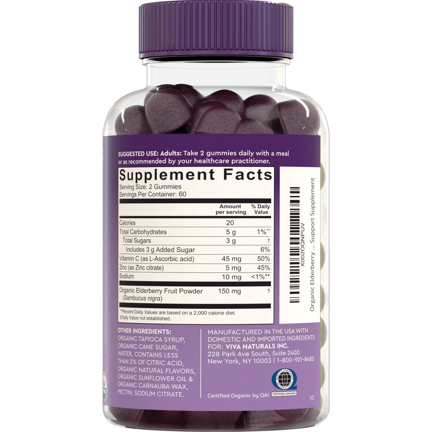 Viva Naturals Sambucus Elderberry Gummies for Adults - 150mg Black Elderberry Vitamin C and Zinc, 3-in-1 Daily Immune Support Gummies, Raspberry Rush Flavor - PrimeBioHealth - canada supplements