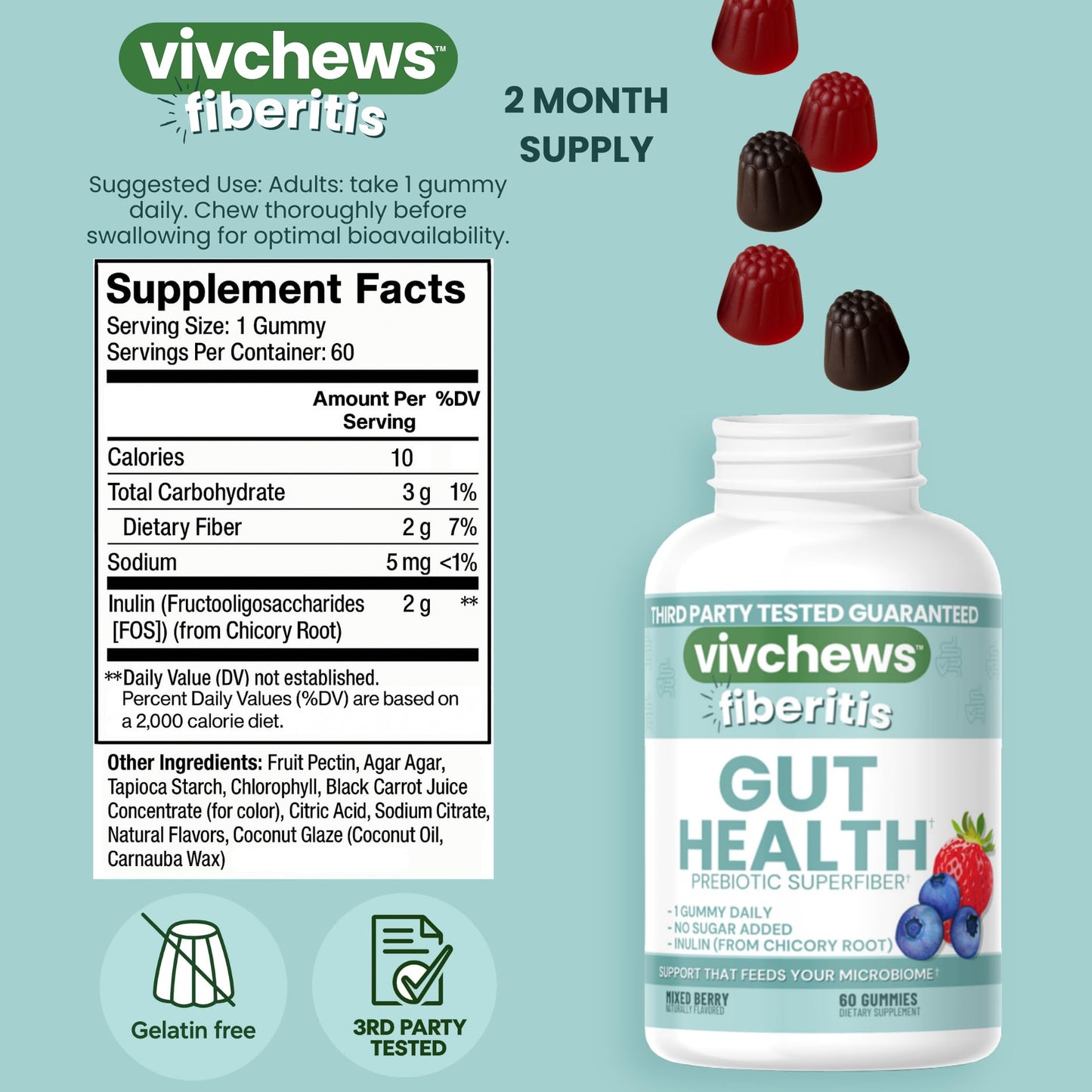 vivchews Gut Health Gummies – Prebiotic Fiber for Bloating Relief, No Sugar Added, Non-GMO, Fruit Pectin Based, Gluten-Free, No Artificial Colors, - PrimeBioHealth - canada supplements