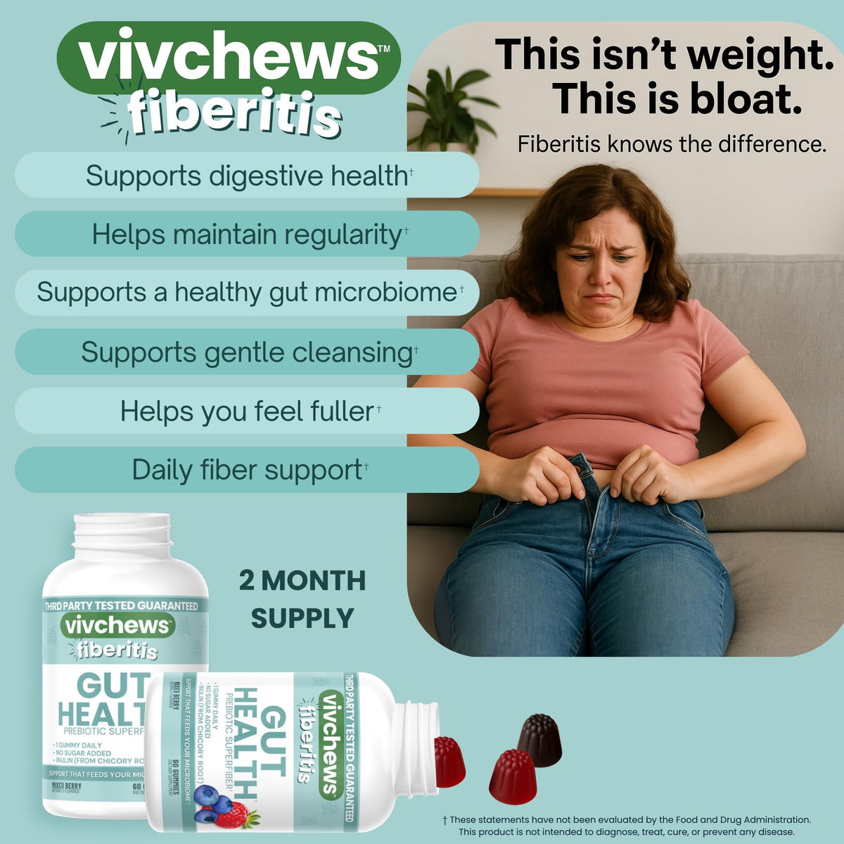 vivchews Gut Health Gummies – Prebiotic Fiber for Bloating Relief, No Sugar Added, Non-GMO, Fruit Pectin Based, Gluten-Free, No Artificial Colors, - PrimeBioHealth - canada supplements