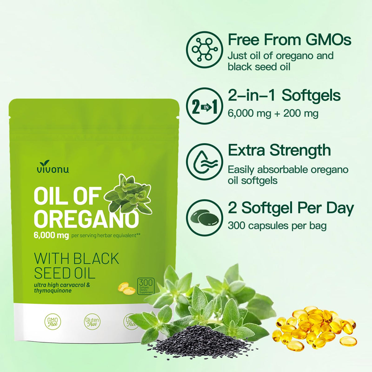 VivoNu Oil of Oregano with Black Seed Oil, Balanced Oil of Oregano Capsules, 300 Count Organic OreganoOil Softgels - PrimeBioHealth - canada supplements