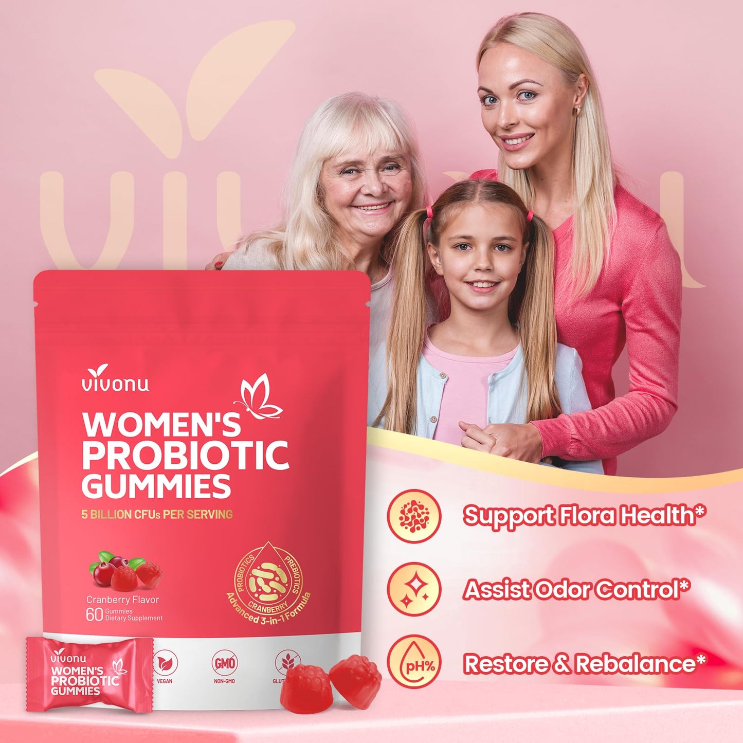 VivoNu Viginal Probiotics for Women, Women Probiotic Gummies, Feminine Balance Gummies, Prebiotic Gummy, Cranberry Probiotics for Woman Vaginigal Health, Yeast Ph Balance| 60 Gummies - PrimeBioHealth - canada supplements