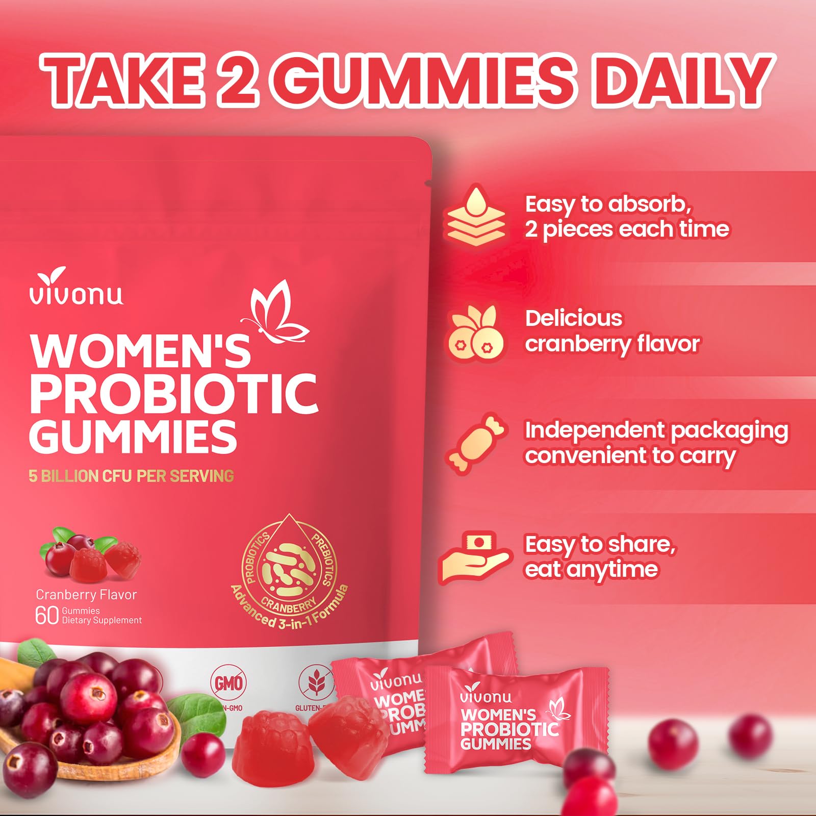 VivoNu Viginal Probiotics for Women, Women Probiotic Gummies, Feminine Balance Gummies, Prebiotic Gummy, Cranberry Probiotics for Woman Vaginigal Health, Yeast Ph Balance| 60 Gummies - PrimeBioHealth - canada supplements