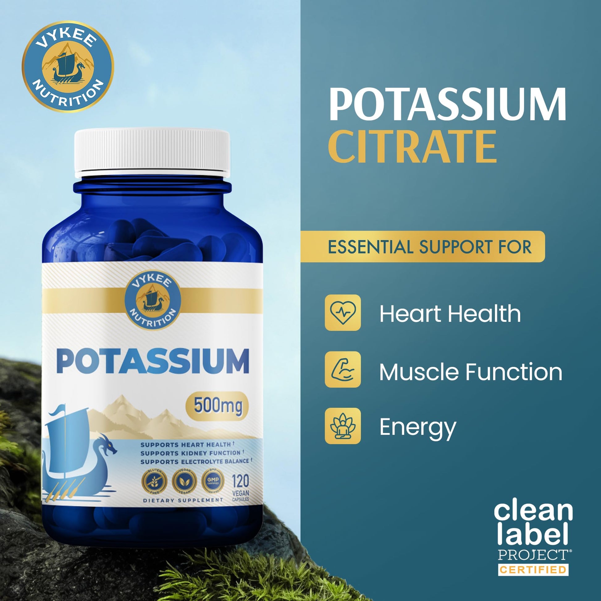 Vykee Nutrition Potassium Citrate Capsules - Supplements for Electrolyte Balance, Muscle & Heart Health - Vegan, Non-GMO, - PrimeBioHealth - canada supplements