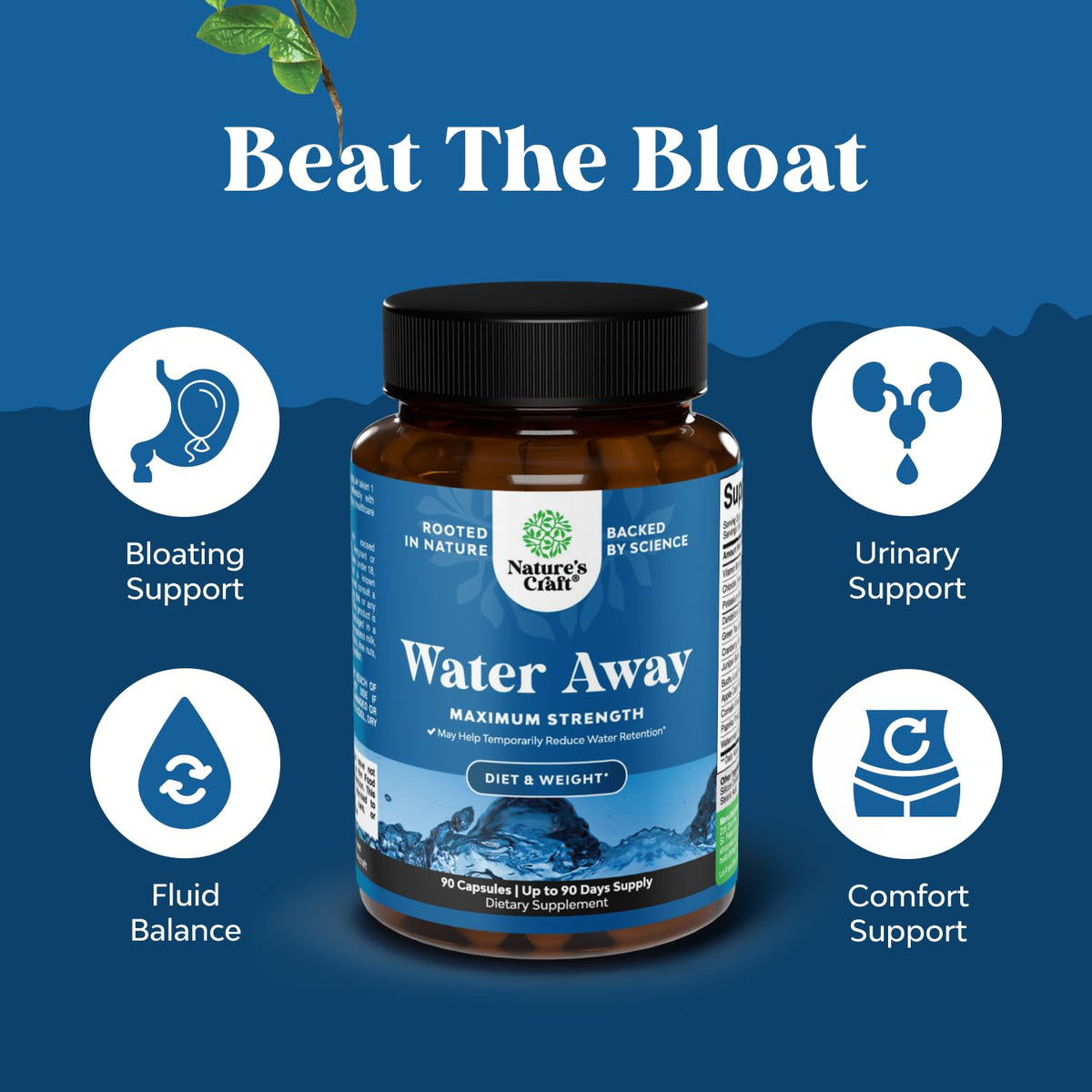Water Away Herbal Diuretic Pills High Strength - Fluid Retention Supplement with Dandelion Leaf Extract & Green Tea for Bloating Relief for Women & Men - PrimeBioHealth - canada supplements
