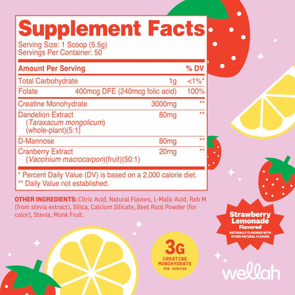 Wellah Creatine for Women - Creatine Monohydrate with Dandelion & Cranberry Extract (50 Servings, Strawberry Lemonade) - PrimeBioHealth - canada supplements