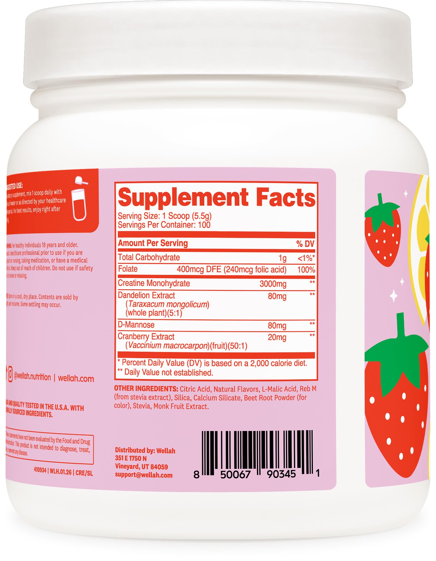 Wellah Creatine for Women - Creatine Monohydrate with Dandelion & Cranberry Extract (50 Servings, Strawberry Lemonade) | Creatine Monohydrate with Dandelion & Cranberry Extract - PrimeBioHealth - canada supplements