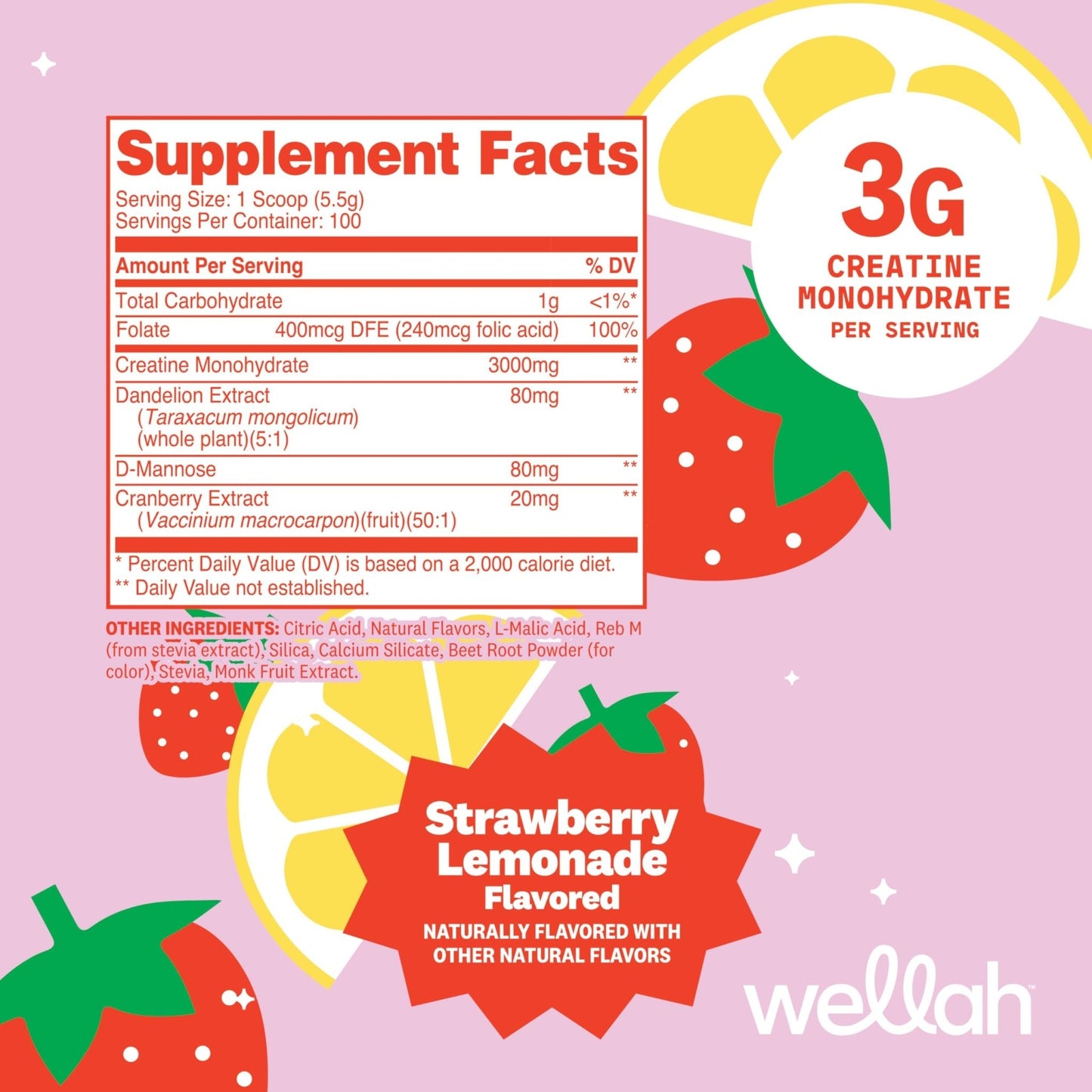 Wellah Creatine for Women - Creatine Monohydrate with Dandelion & Cranberry Extract (50 Servings, Strawberry Lemonade) | Creatine Monohydrate with Dandelion & Cranberry Extract - PrimeBioHealth - canada supplements