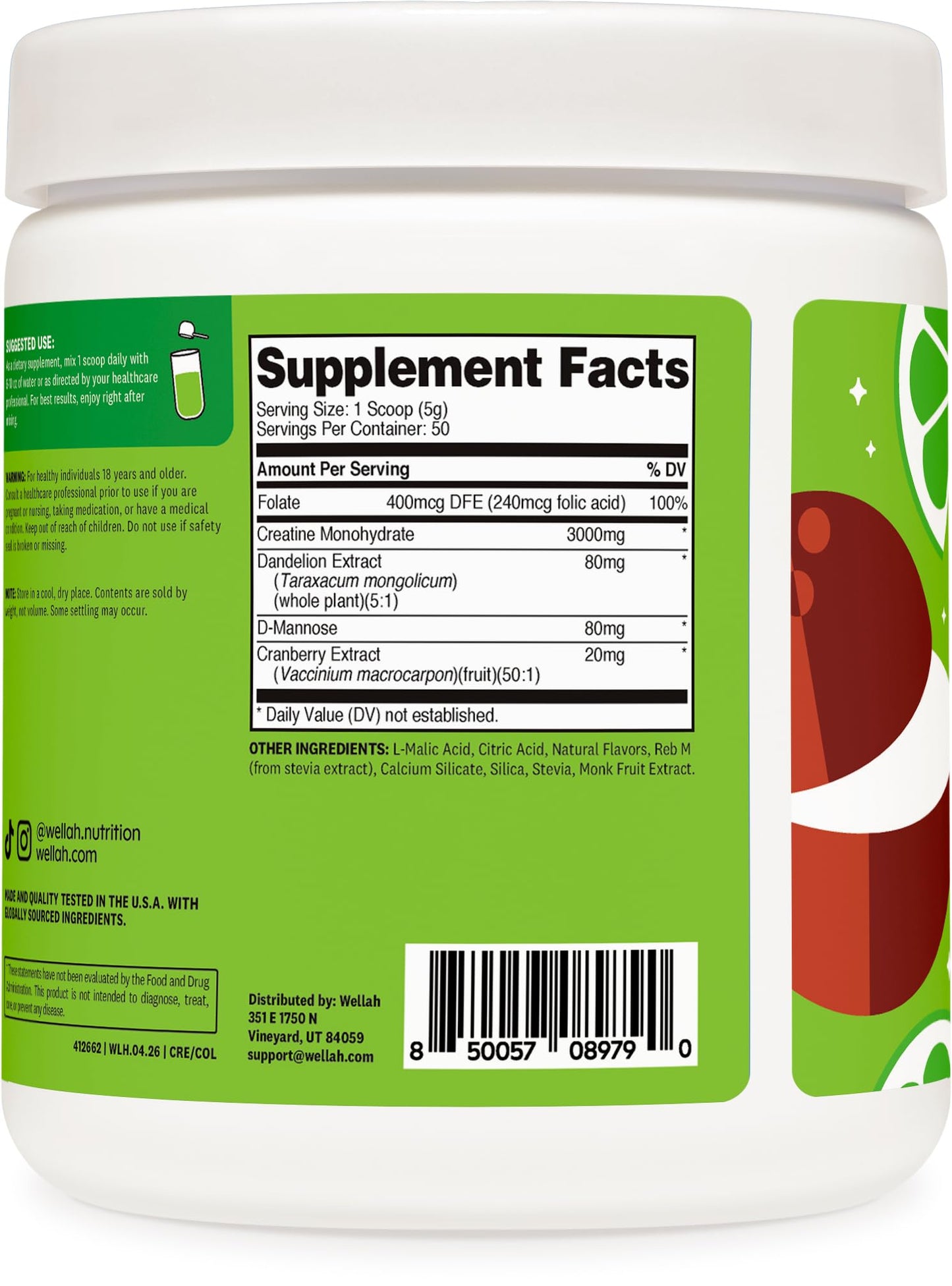 Wellah Creatine for Women - Creatine Monohydrate with Dandelion & Cranberry Extract (50 Servings, Strawberry Lemonade) | Creatine Monohydrate with Dandelion & Cranberry Extract - PrimeBioHealth - canada supplements