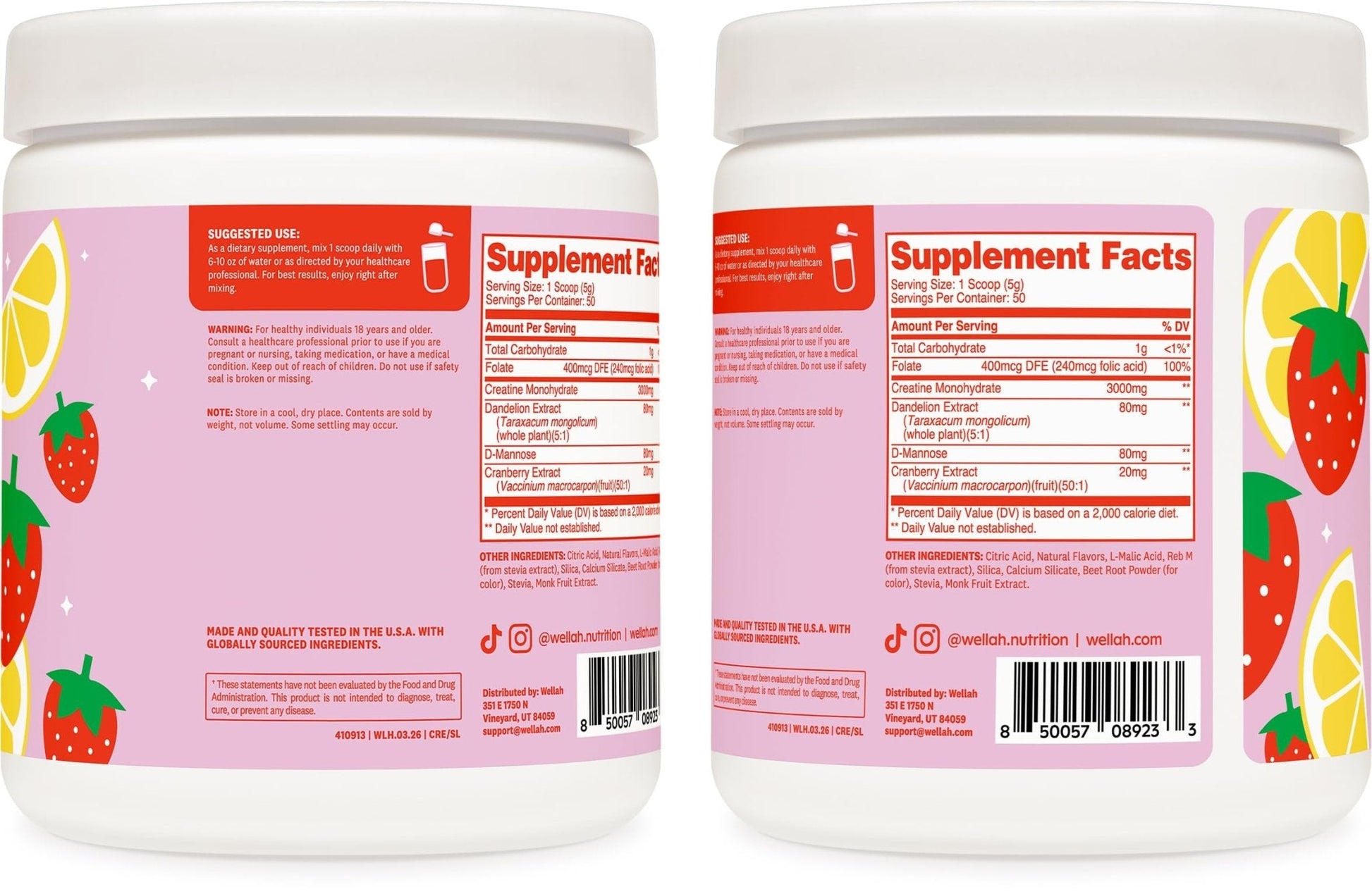 Wellah Creatine for Women - Creatine Monohydrate with Dandelion & Cranberry Extract (50 Servings, Strawberry Lemonade) | Creatine Monohydrate with Dandelion & Cranberry Extract - PrimeBioHealth - canada supplements