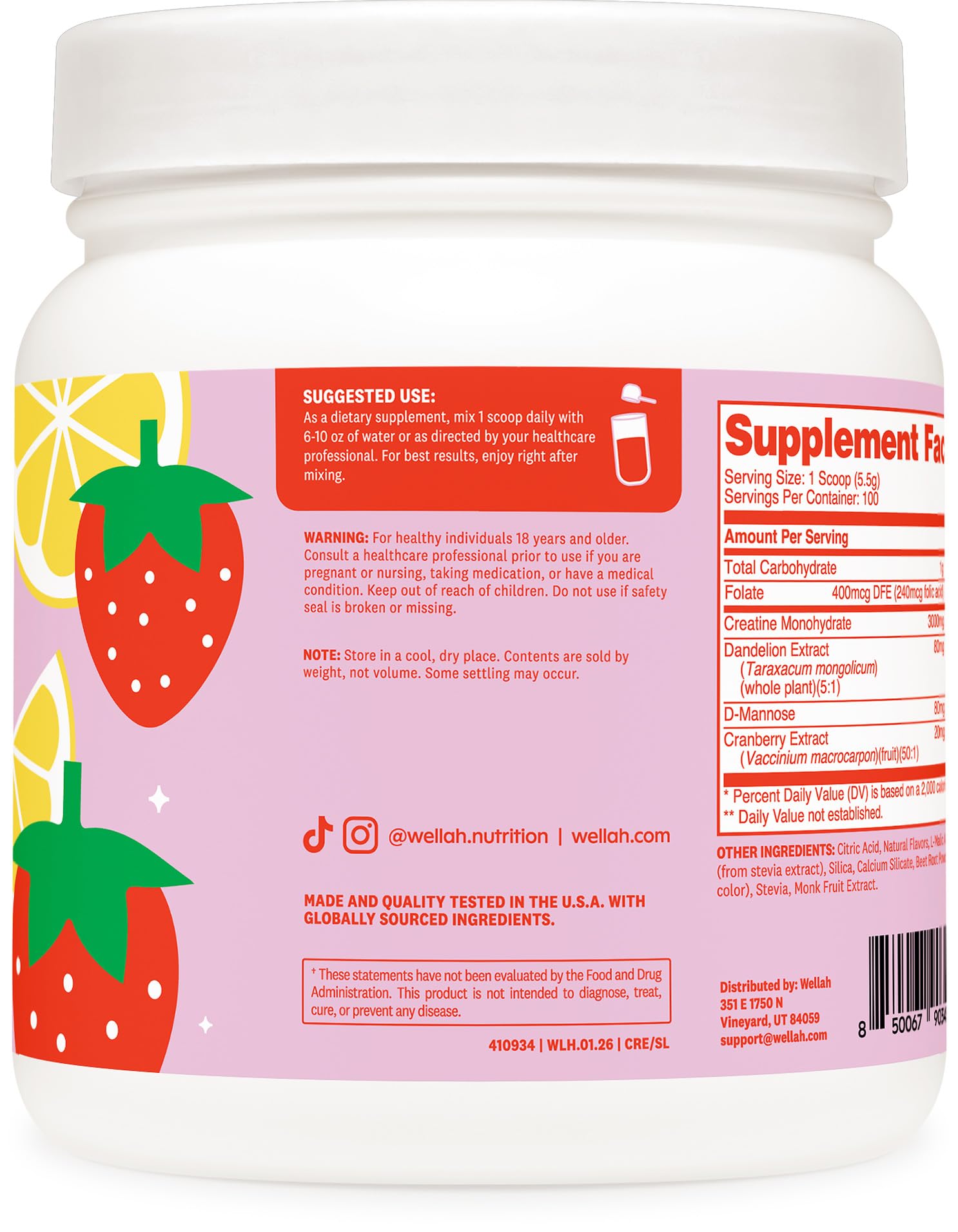 Wellah Creatine for Women - Creatine Monohydrate with Dandelion & Cranberry Extract (50 Servings, Strawberry Lemonade) | Creatine Monohydrate with Dandelion & Cranberry Extract - PrimeBioHealth - canada supplements