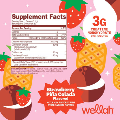 Wellah Creatine for Women - Creatine Monohydrate with Dandelion & Cranberry Extract (50 Servings, Strawberry Lemonade) | Creatine Monohydrate with Dandelion & Cranberry Extract - PrimeBioHealth - canada supplements