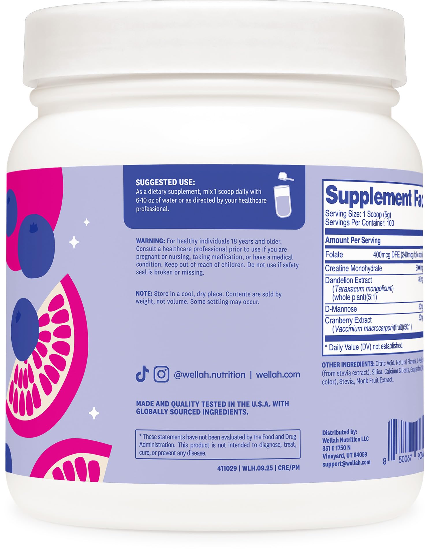 Wellah Creatine for Women - Creatine Monohydrate with Dandelion & Cranberry Extract (50 Servings, Strawberry Lemonade) | Creatine Monohydrate with Dandelion & Cranberry Extract - PrimeBioHealth - canada supplements