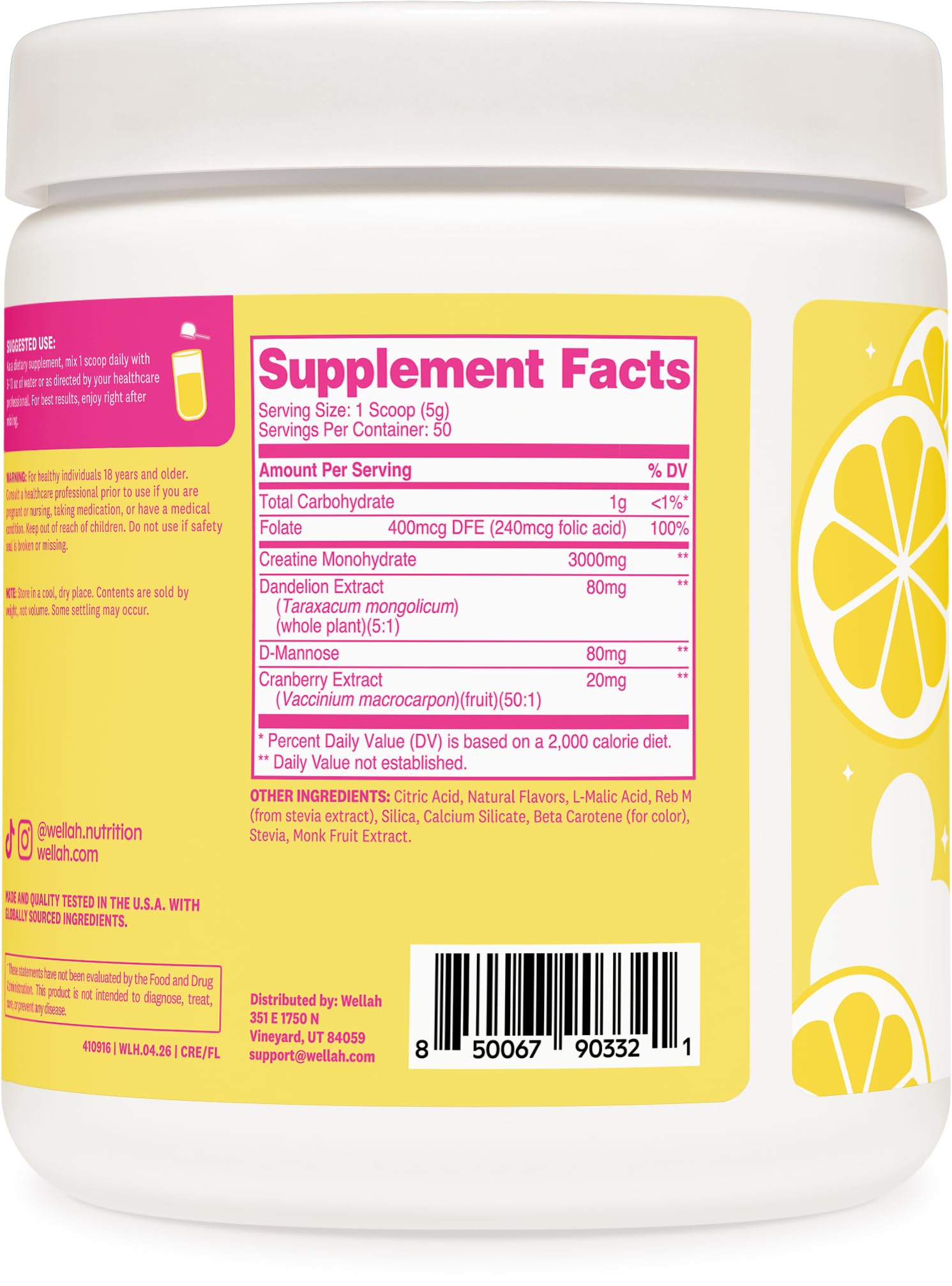 Wellah Creatine for Women - Creatine Monohydrate with Dandelion & Cranberry Extract (50 Servings, Strawberry Lemonade) | Creatine Monohydrate with Dandelion & Cranberry Extract - PrimeBioHealth - canada supplements