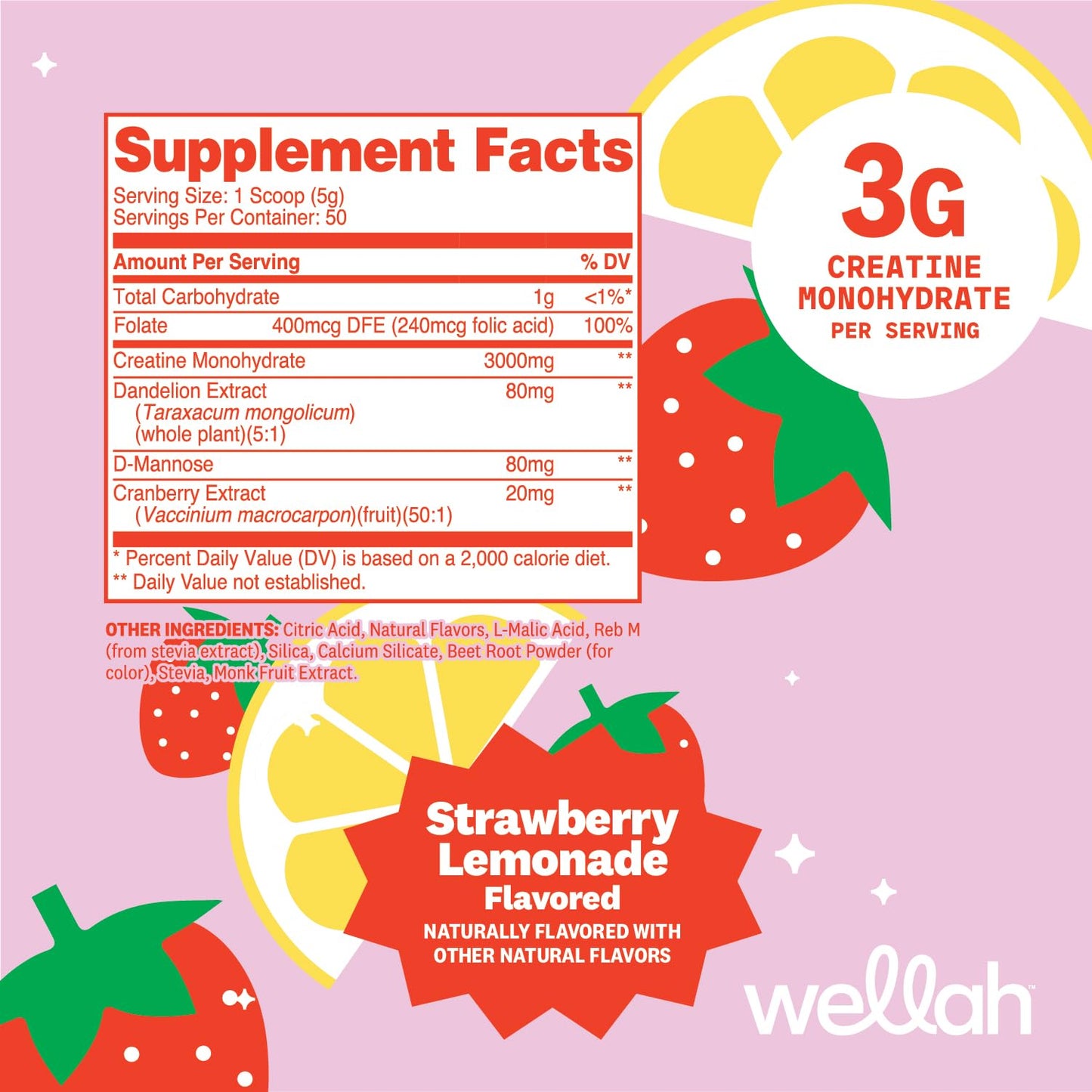Wellah Creatine for Women - Creatine Monohydrate with Dandelion & Cranberry Extract (50 Servings, Strawberry Lemonade) | Creatine Monohydrate with Dandelion & Cranberry Extract - PrimeBioHealth - canada supplements