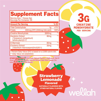 Wellah Creatine for Women - Creatine Monohydrate with Dandelion & Cranberry Extract (50 Servings, Strawberry Lemonade) | Creatine Monohydrate with Dandelion & Cranberry Extract - PrimeBioHealth - canada supplements