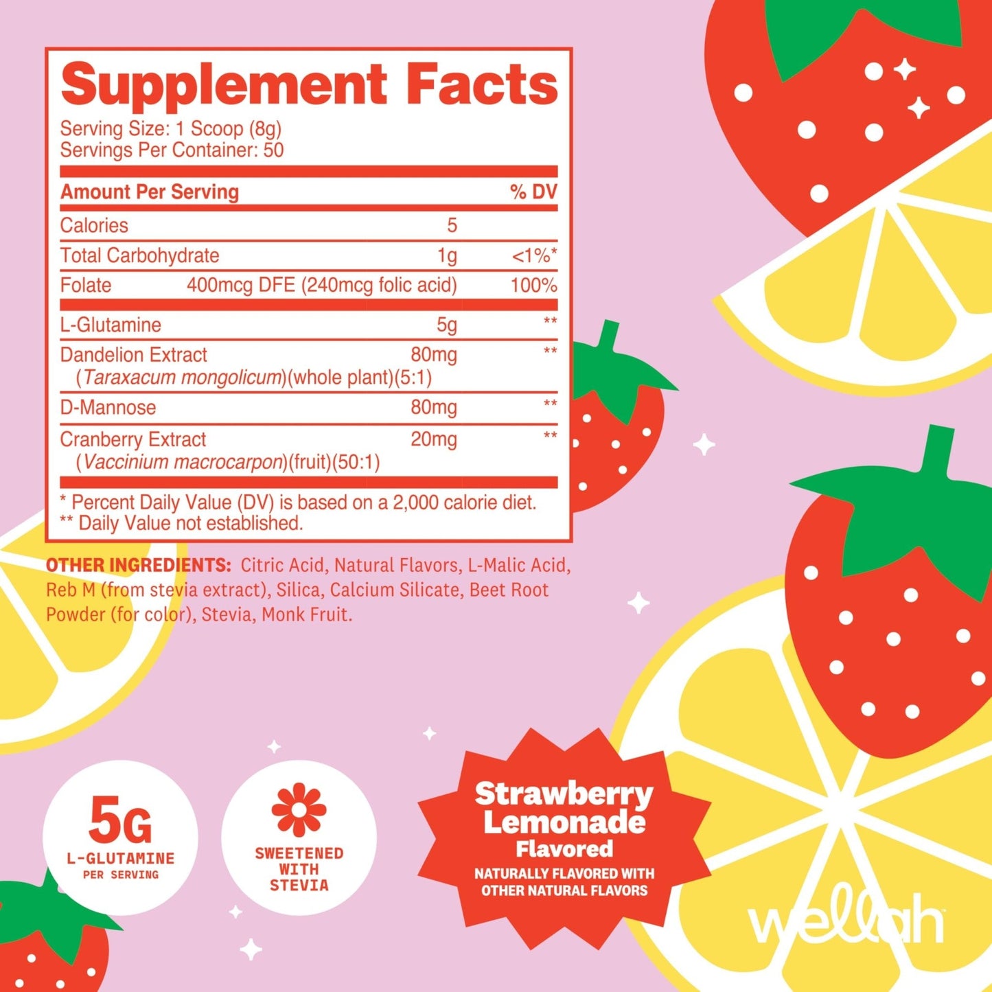Wellah L-Glutamine Strawberry Lemonade Flavored (50 Servings) - 5g L-Glutamine Per Serving, Sweetened with Stevia - PrimeBioHealth - canada supplements