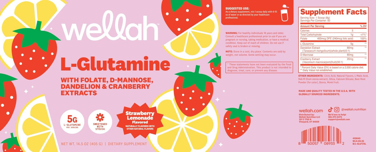 Wellah L-Glutamine Strawberry Lemonade Flavored (50 Servings) - 5g L-Glutamine Per Serving, Sweetened with Stevia - PrimeBioHealth - canada supplements