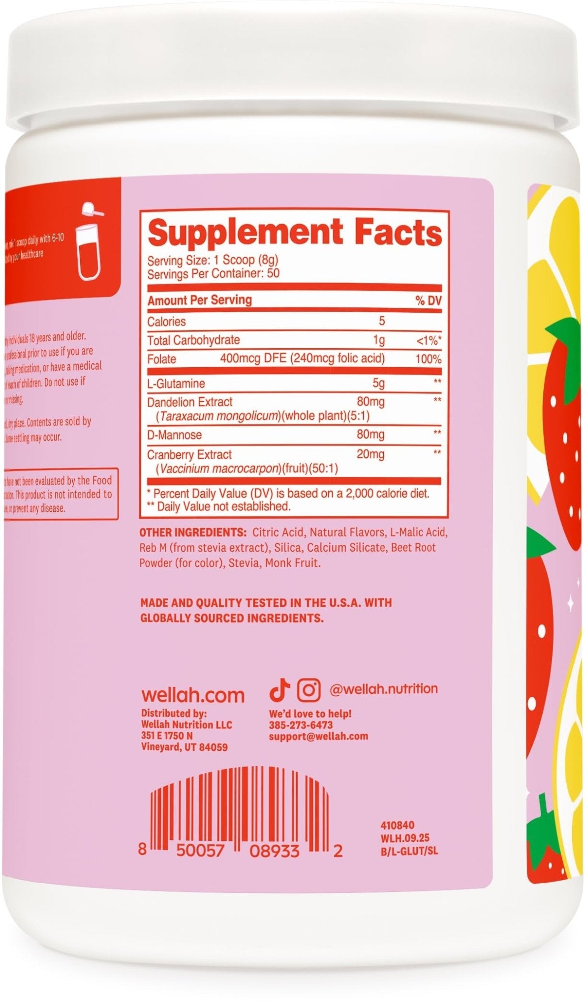 Wellah L-Glutamine Strawberry Lemonade Flavored (50 Servings) - 5g L-Glutamine Per Serving, Sweetened with Stevia - PrimeBioHealth - canada supplements
