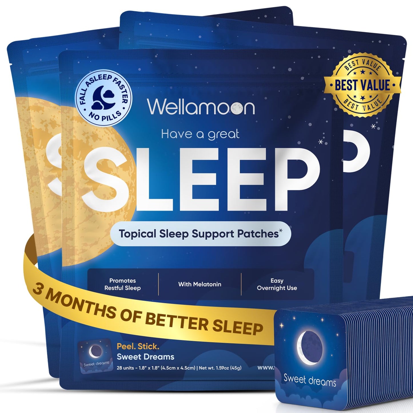 Wellamoon Original Sleep Patches for Adults Extra Strength | Easy-to-Apply Sleep Patch with Melatonin & Valerian | Relax & Wake Up Refreshed | Long-Lasting Night Comfort for Men & Women | 28 Patches - PrimeBioHealth - canada supplements