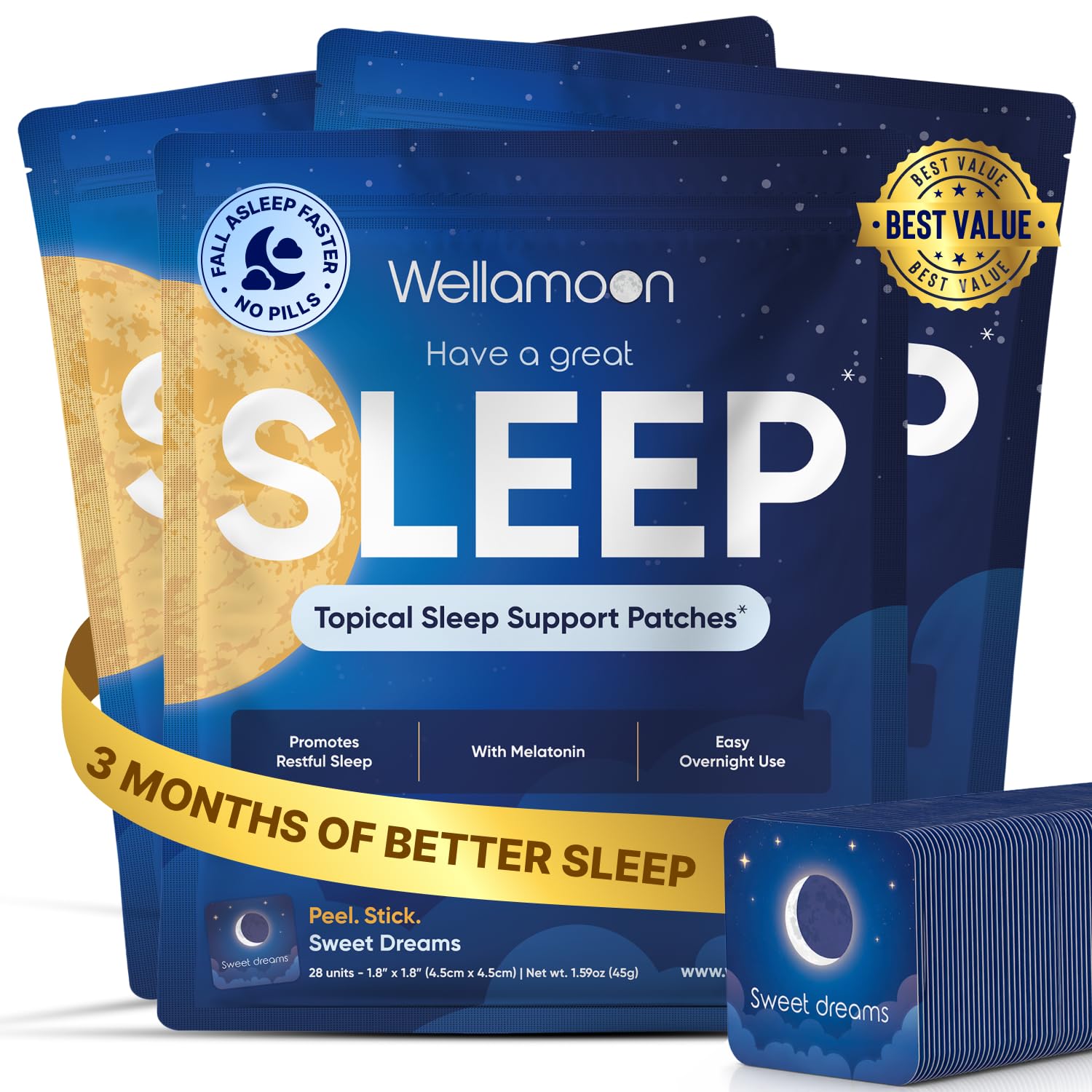Wellamoon Original Sleep Patches for Adults Extra Strength | Easy-to-Apply Sleep Patch with Melatonin & Valerian | Relax & Wake Up Refreshed | Long-Lasting Night Comfort for Men & Women | 28 Patches - PrimeBioHealth - canada supplements