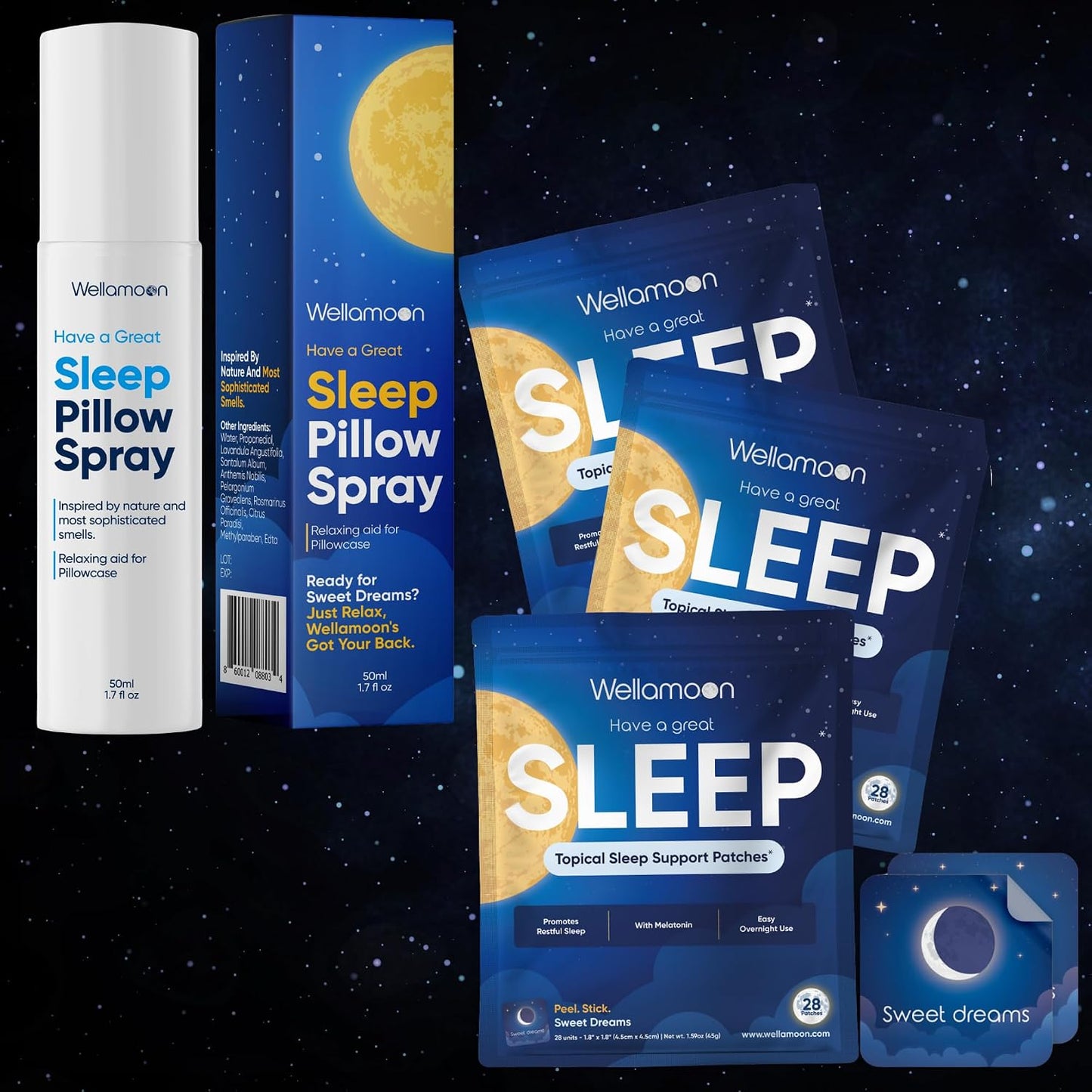 Wellamoon Ultimate Sleep Bundle – Lavender Pillow Spray & 3-Pack Extra Strength Sleep Patches (84 Patches Total) – Long-Lasting Nighttime Support with Melatonin & Valerian - PrimeBioHealth - canada supplements