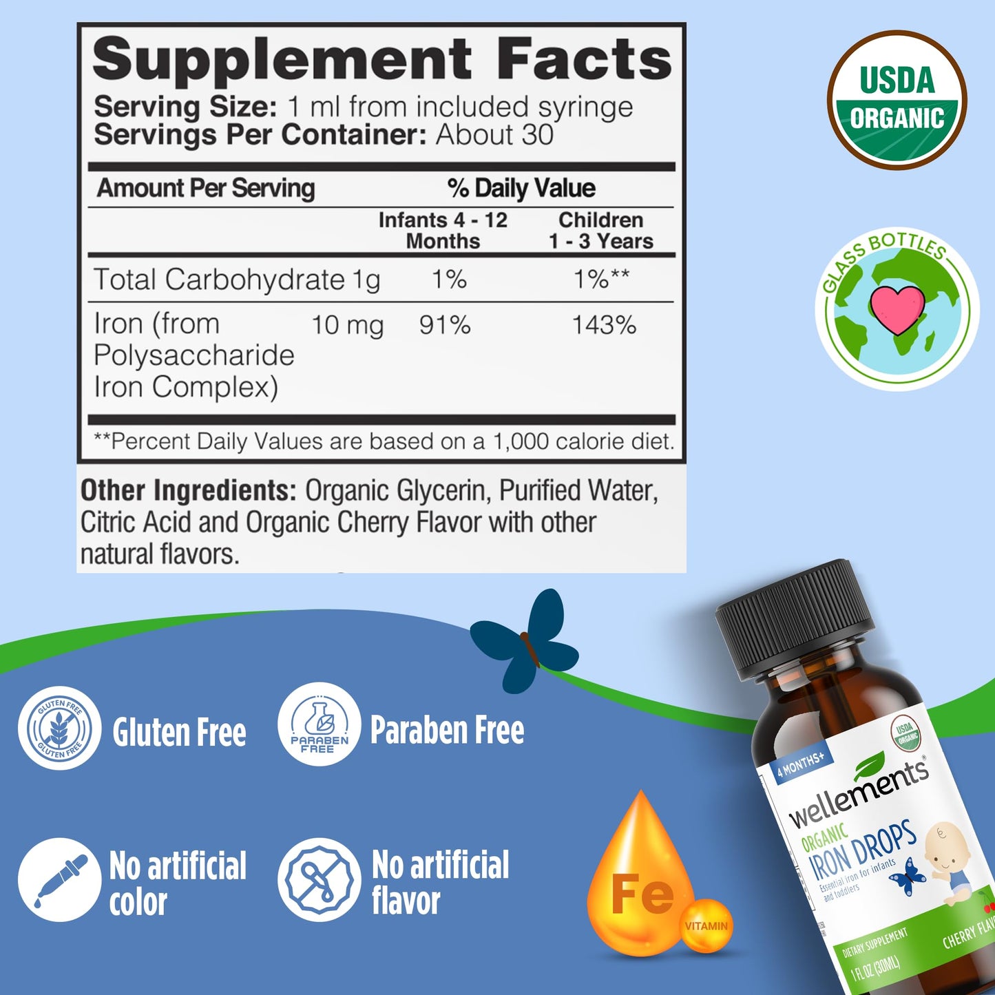 Wellements Organic Iron Drops for Newborn+ Babies (1 Fl Oz) - Cherry Flavor Liquid Iron Supplement for Infants - Toddler Iron Supplement for Kids (4months+ to 3 Years) - PrimeBioHealth - canada supplements