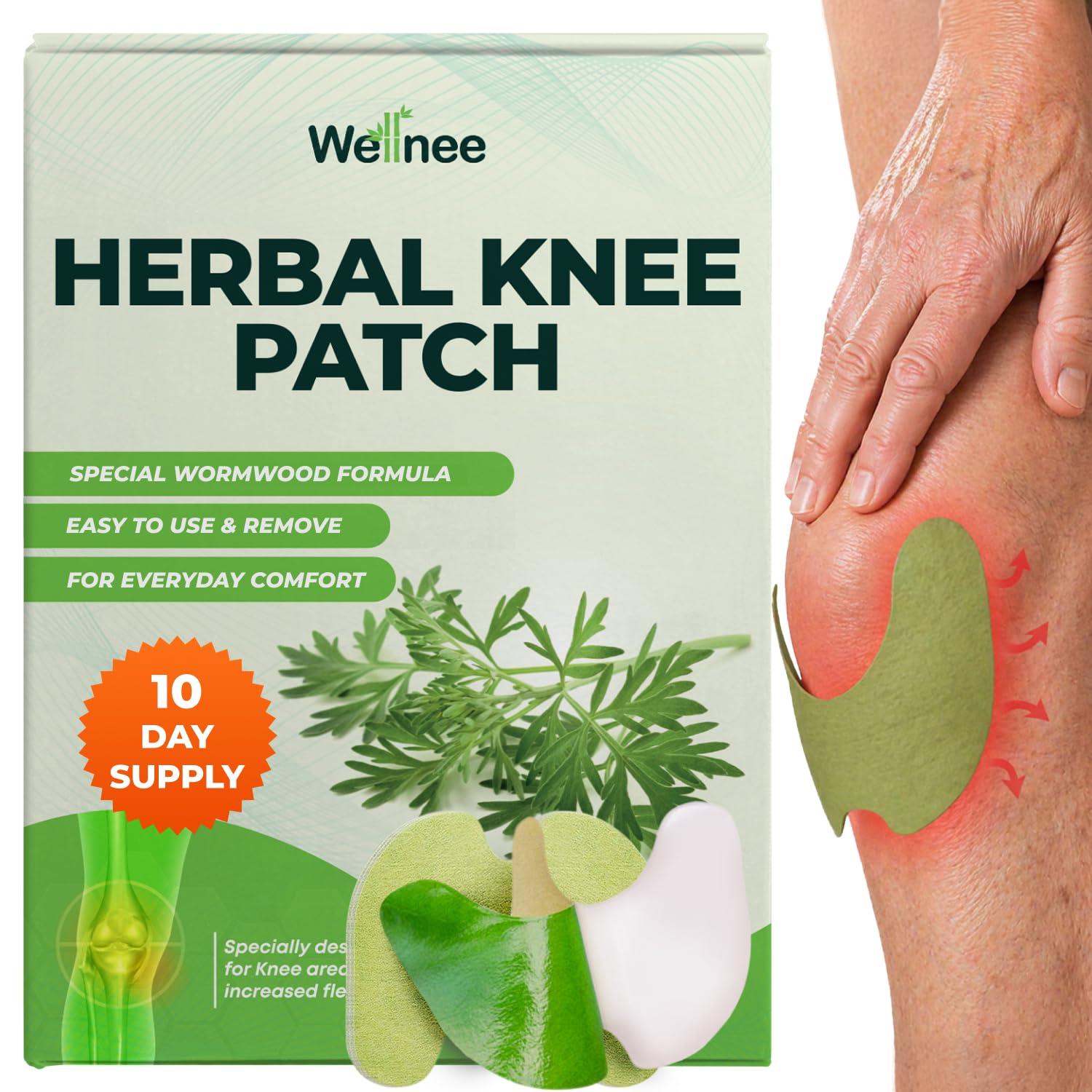 Wellnee Original Herbal Knee Patch - Wellknee Plaster for Knee Support & Muscle Pain - Maximum Strength for a Temporary Relief - Adhesive Heat Patches Made with Natural Herbs for Wellness (10 Pads (Pack of 1)) - PrimeBioHealth - canada supplements
