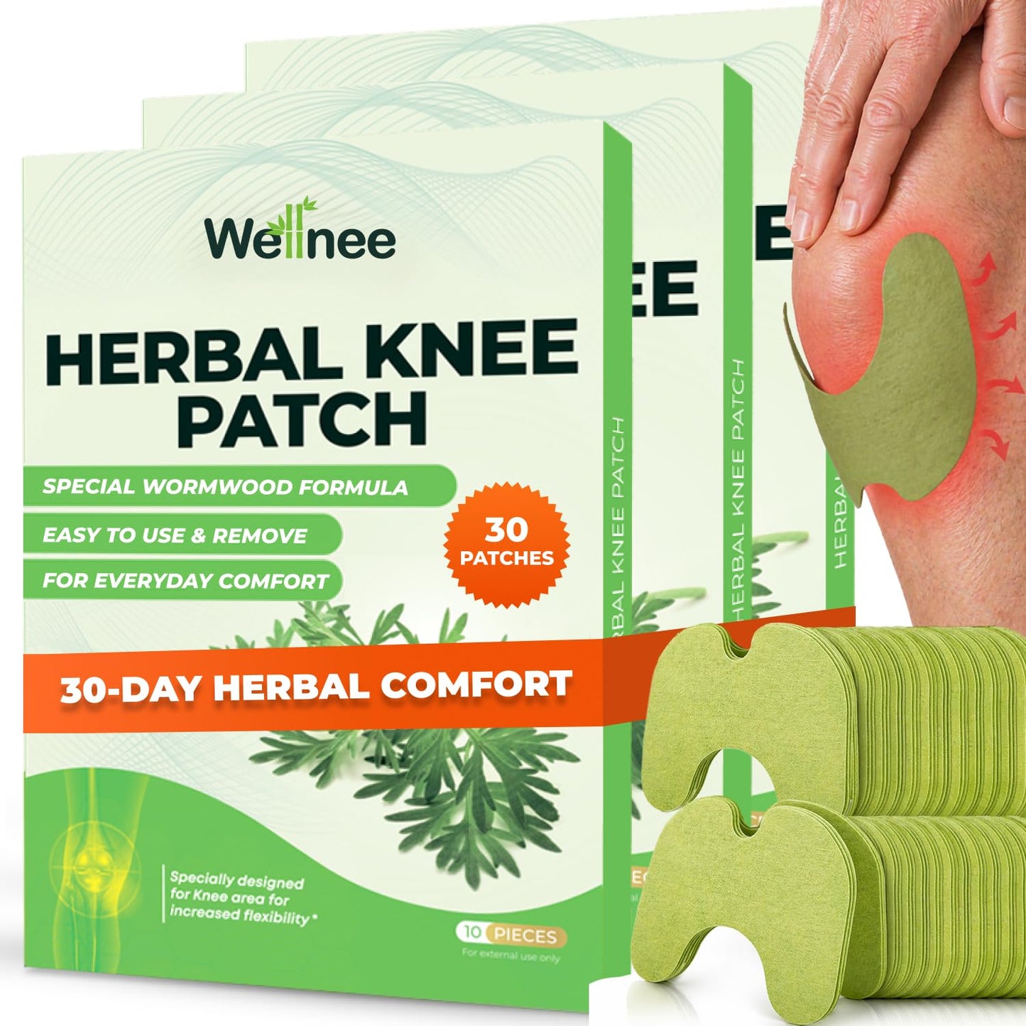 Wellnee Original Herbal Knee Patch - Wellknee Plaster for Knee Support & Muscle Pain - Maximum Strength for a Temporary Relief - Adhesive Heat Patches Made with Natural Herbs for Wellness (10 Pads (Pack of 1)) - PrimeBioHealth - canada supplements