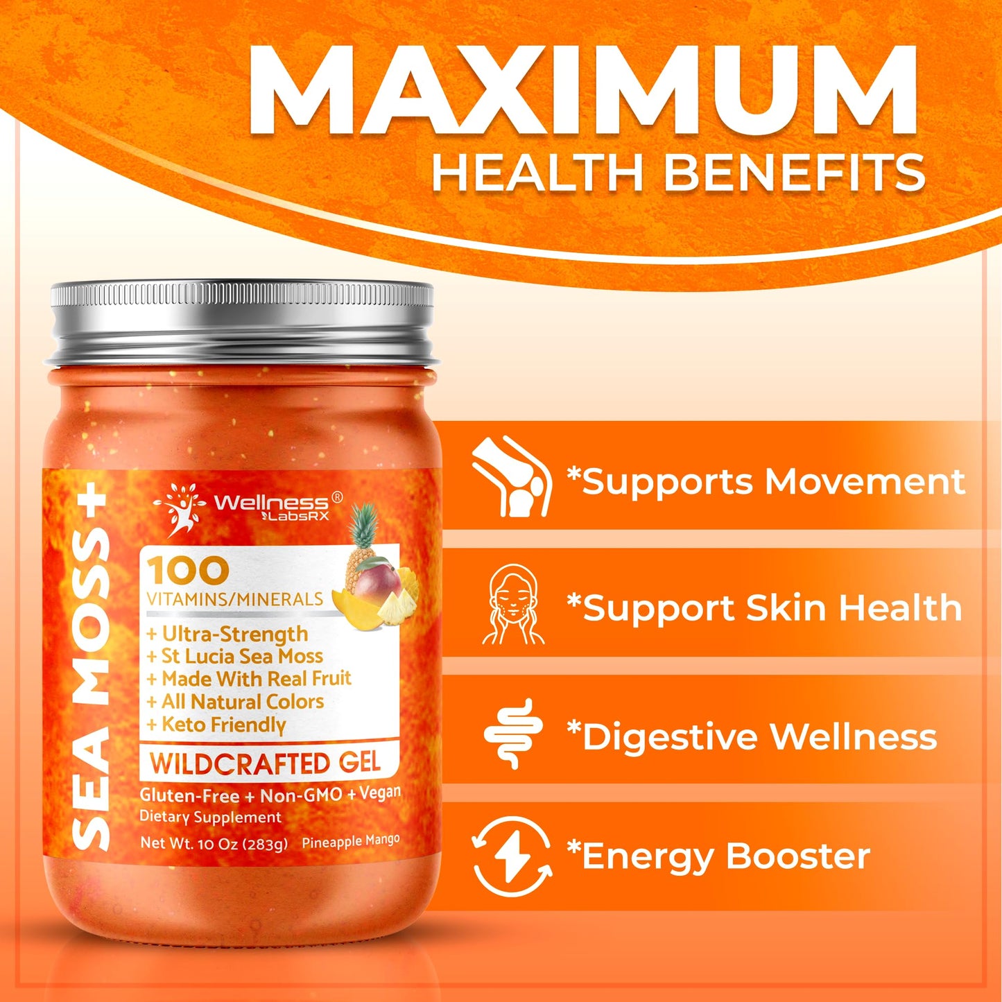 WELLNESS LABSRX Irish Sea Moss Gel Raw - Wildcrafted Superfood Seamoss Gel - Pineapple Mango Flavor, Vitamin and Mineral-Rich from Pristine Caribbean Waters - 10 oz. - PrimeBioHealth - canada supplements