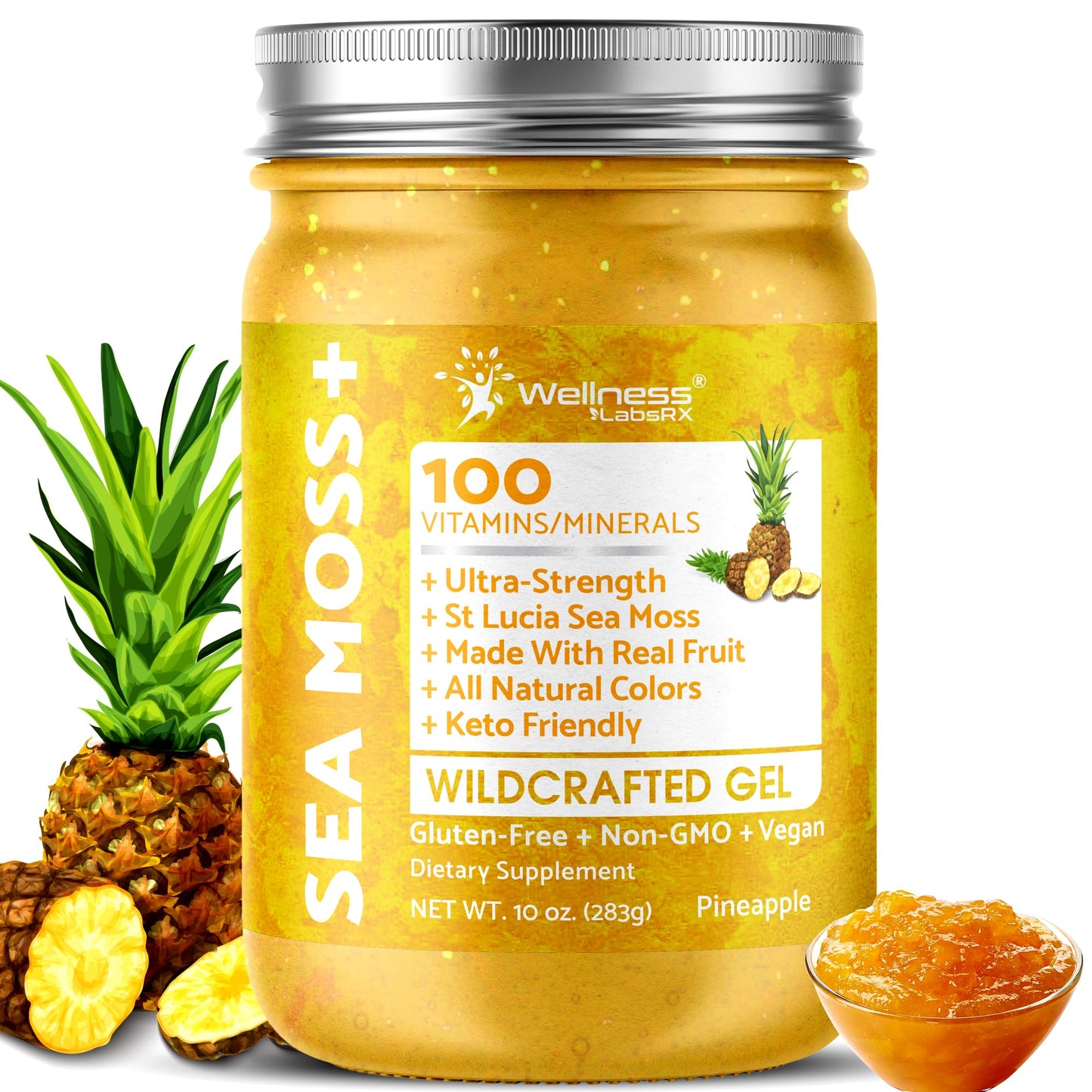 WELLNESS LABSRX Irish Sea Moss Gel Raw - Wildcrafted Superfood Seamoss Gel - Pineapple Mango Flavor, Vitamin and Mineral-Rich from Pristine Caribbean Waters - 10 oz. - PrimeBioHealth - canada supplements
