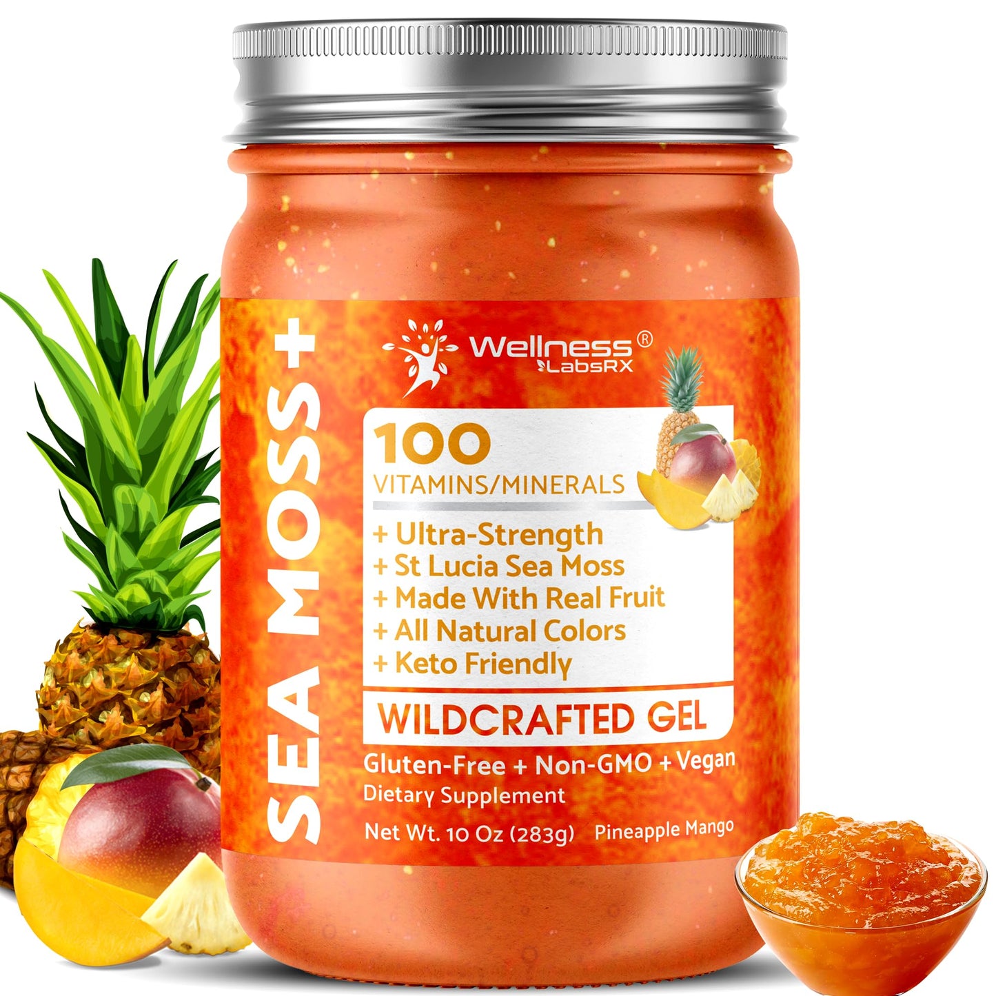 WELLNESS LABSRX Irish Sea Moss Gel Raw - Wildcrafted Superfood Seamoss Gel - Pineapple Mango Flavor, Vitamin and Mineral-Rich from Pristine Caribbean Waters - 10 oz. - PrimeBioHealth - canada supplements