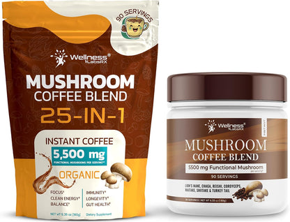 WELLNESS LABSRX Mushroom Coffee 25-in-1 with Instant Mushroom Coffee Blend 5500mg | Bundle - PrimeBioHealth - canada supplements