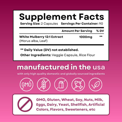 White Mulberry Leaf Extract 1000mg - 12:1 Morus Alba Extract - Antioxidant, Heart Health, Overall Metabolism Support - 180 Veggie Capsules - Non GMO, Gluten Free, Vegan Friendly Supplement - PrimeBioHealth - canada supplements