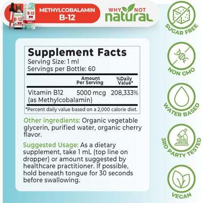 Why Not Natural Organic Vitamin B12 Liquid - Sublingual Extra Strength 60 x 5000 mcg Methylcobalamin Drops, Vegan, - PrimeBioHealth - canada supplements