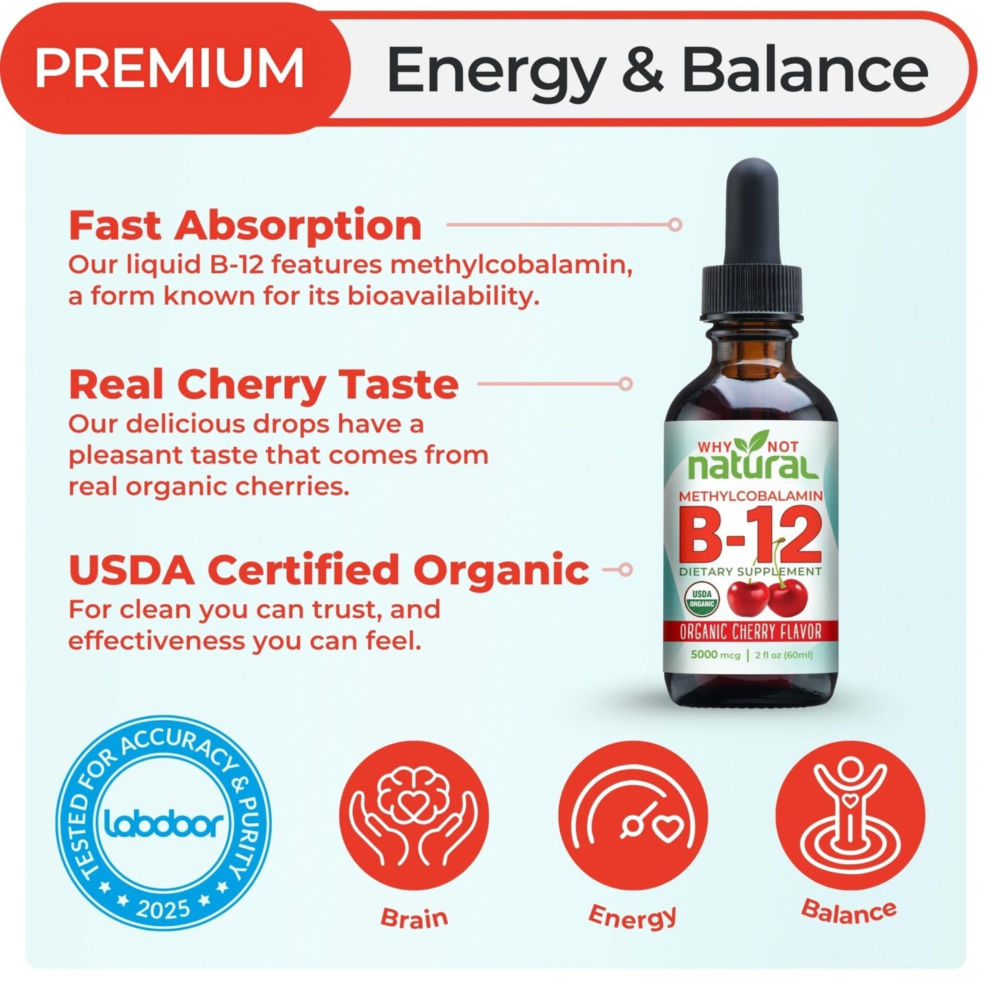 Why Not Natural Organic Vitamin B12 Liquid - Sublingual Extra Strength 60 x 5000 mcg Methylcobalamin Drops, Vegan, - PrimeBioHealth - canada supplements