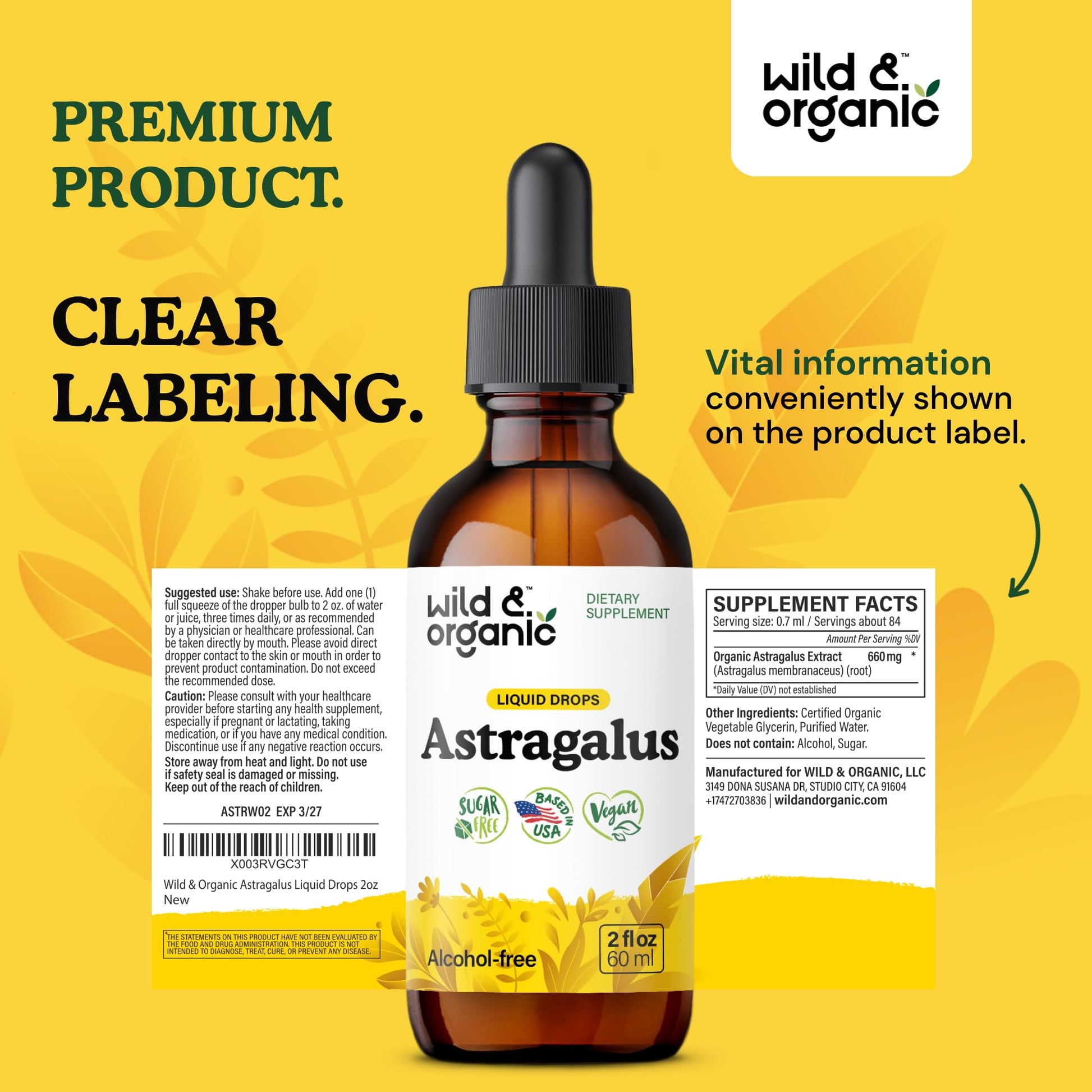 Wild & Organic Astragalus Root Extract Drops - Immune Support - Liquid Astragalus Supplement - Add to Tea & Mix with Powder - Membranaceus Herb - Vegan, Sugar & Alcohol-Free Tincture - 4 fl oz - PrimeBioHealth - canada supplements